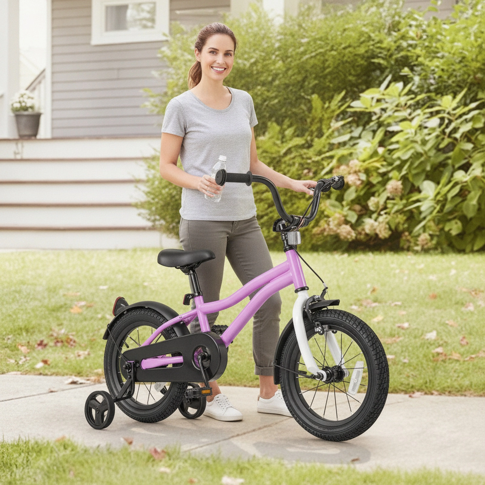 14-in Kids Bicycle Quick Release Seat Clamp Detachable Training Wheels Anti Puncture Tires Bell Ages 3-5 Purple