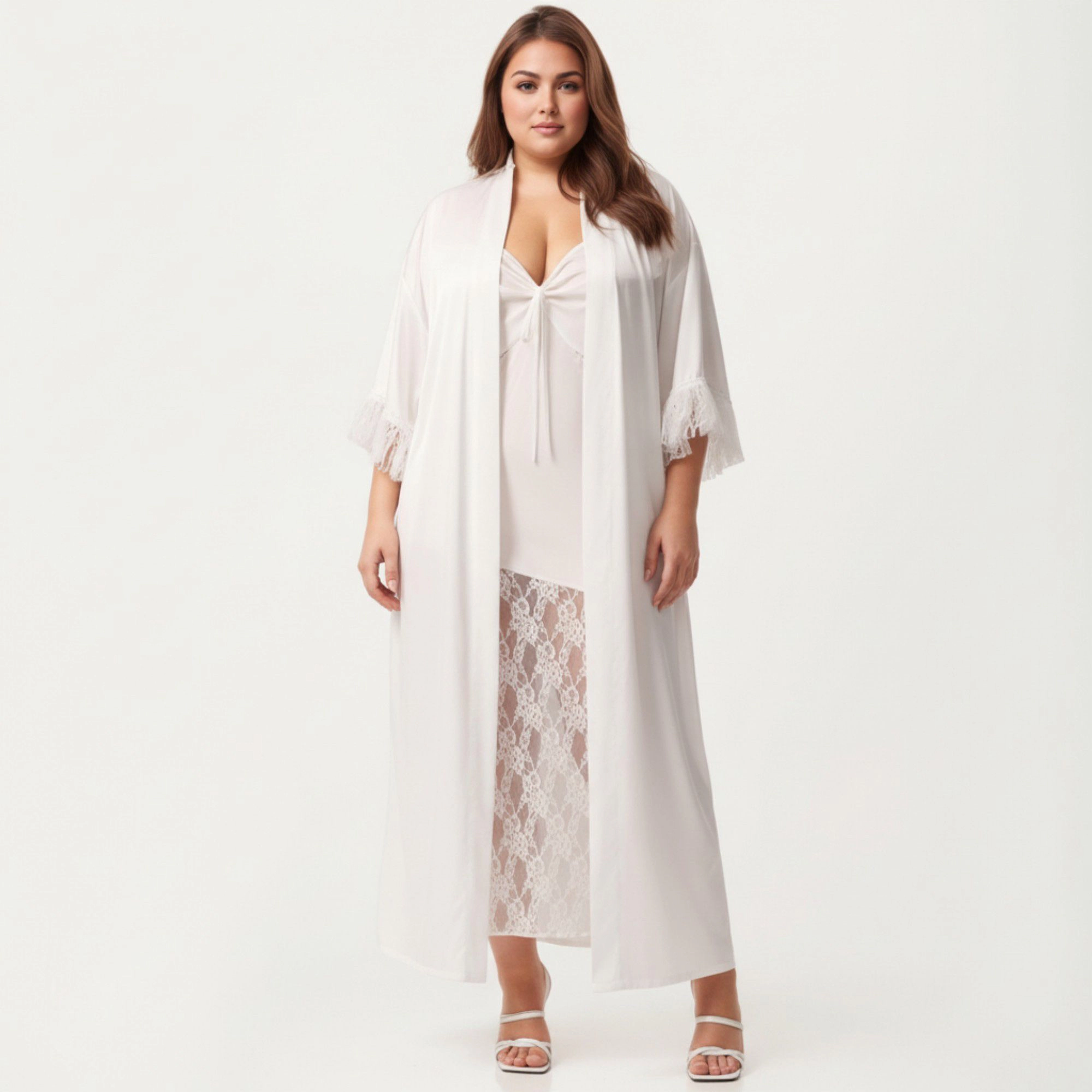 Anna-Kaci Women's Plus Long Sheer Lace Panel Robe Open Front Lightweight Sleepwear