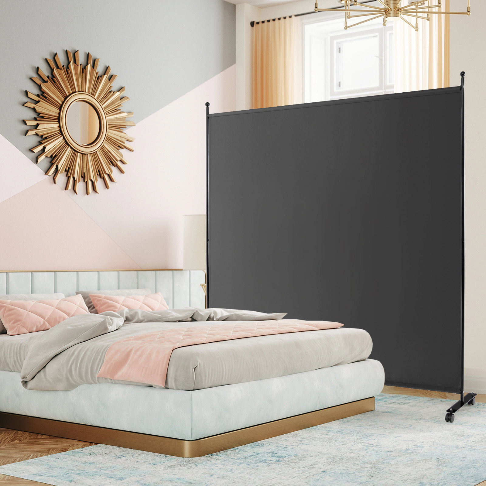 SUGIFT 6-Foot Single Panel Room Divider with Woven Polyester Panel 73-in Tall Metal Frame Smooth 1.5-in Wheels 9-lb Net