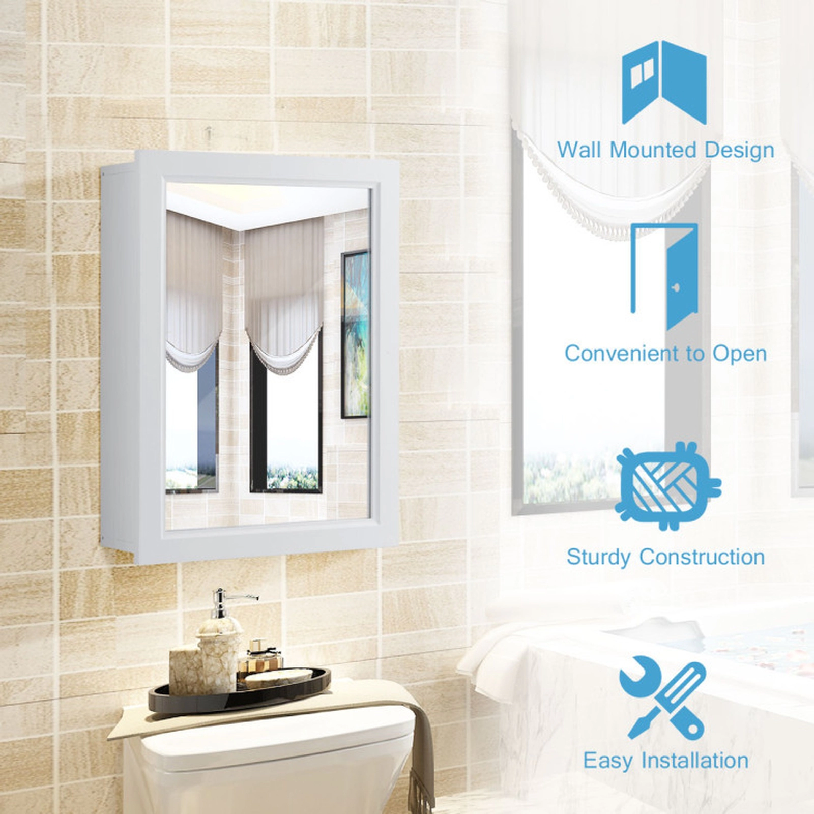SUGIFT Single Mirror Door 3-Position Adjustable Shelf MDF Bathroom Medicine Cabinet 20-in x 6-in x 26-in 19-lb White