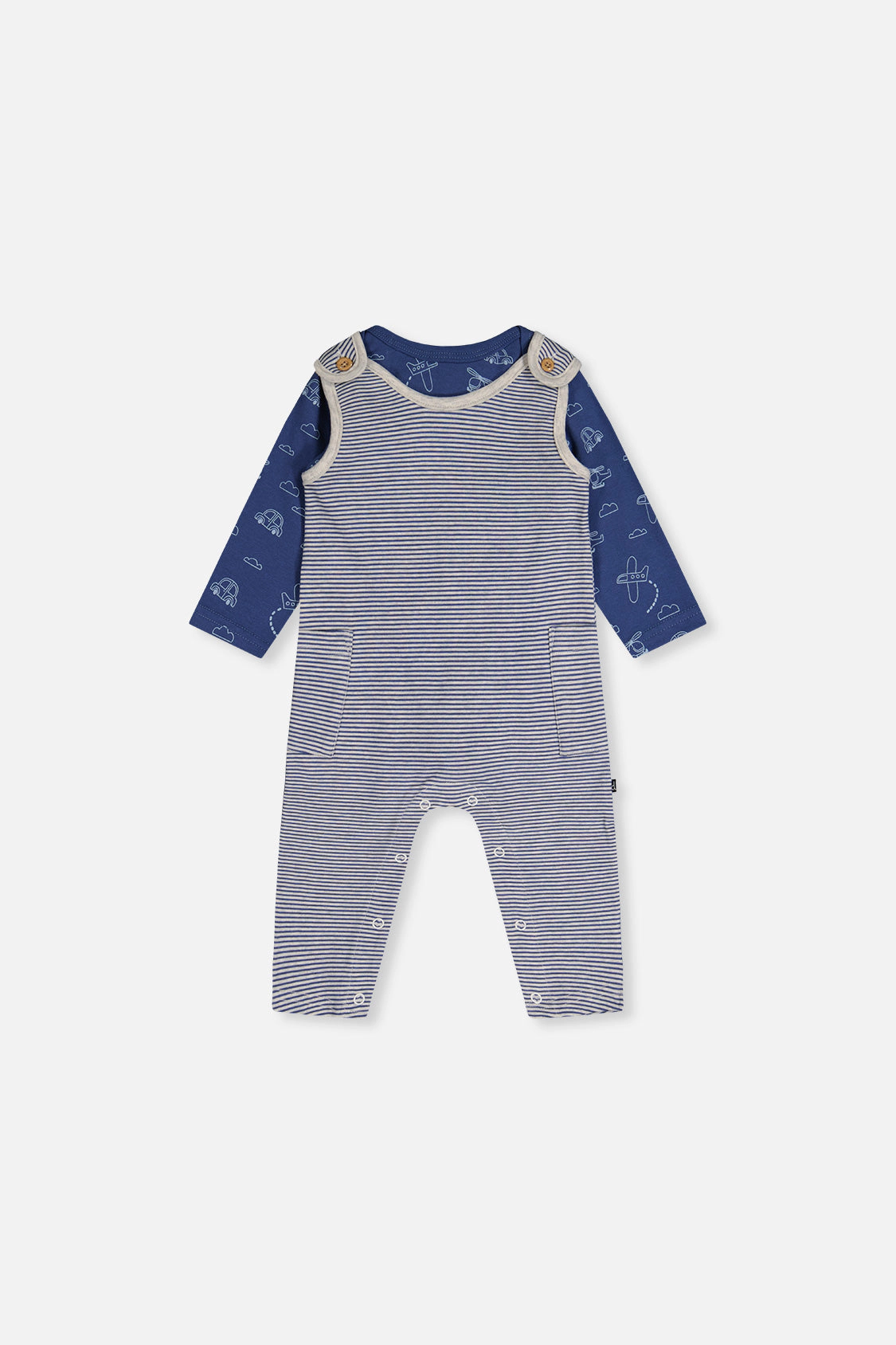 Deux par Boys Organic Cotton Onesie and Overalls Set with Transportation Print