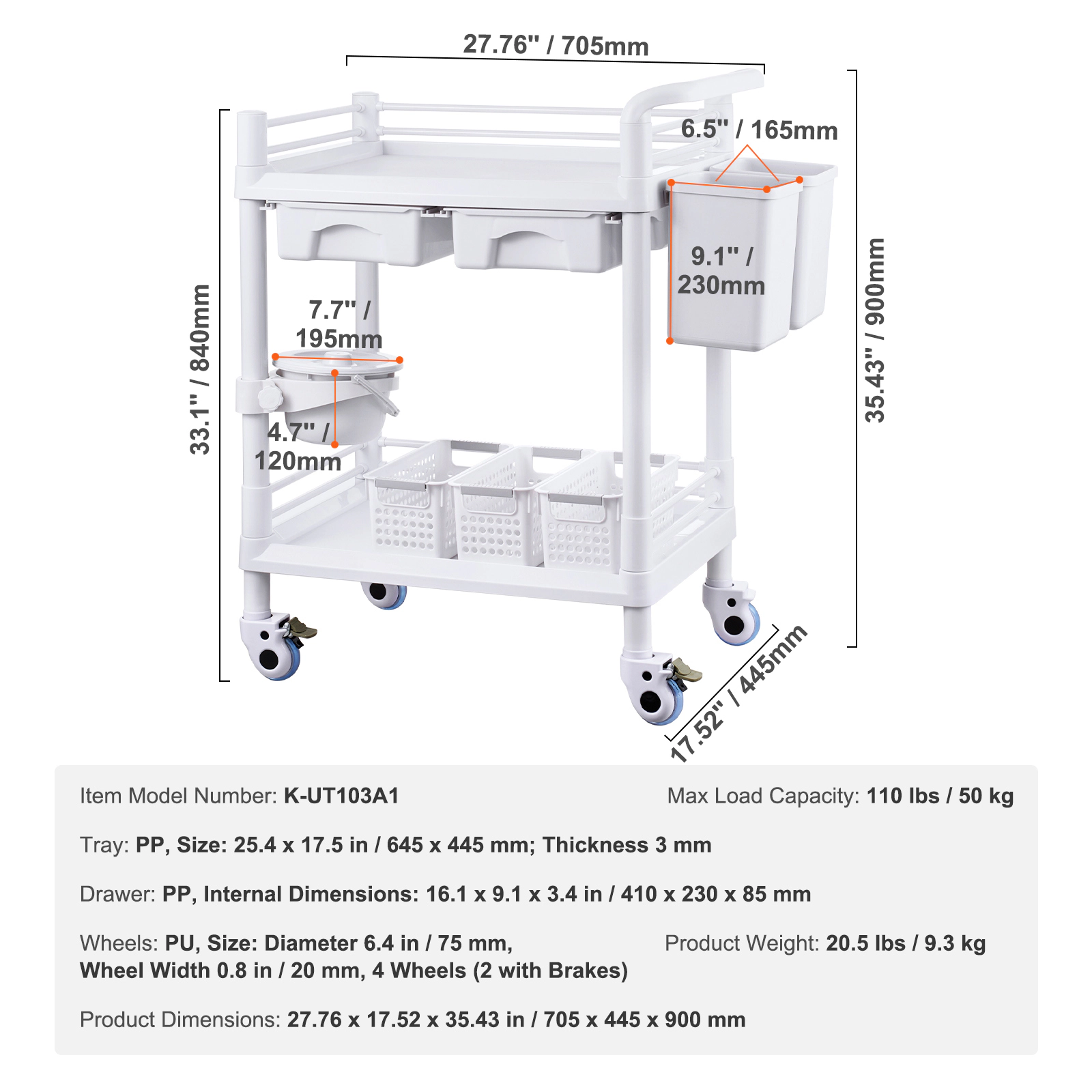 HONGGE Lab Carts Lab Utility Cart with 3 Trays & 4 Silent Wheels Mobile Medical Cart with PP Material Lab Rolling Cart