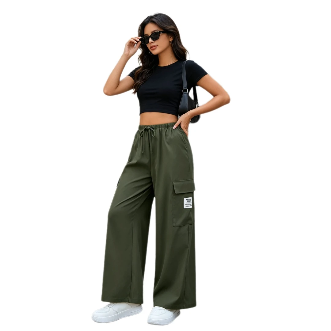 Coolmee Women’s High Waist Cargo Pants Casual Loose Straight Leg Trousers Elastic Pocket