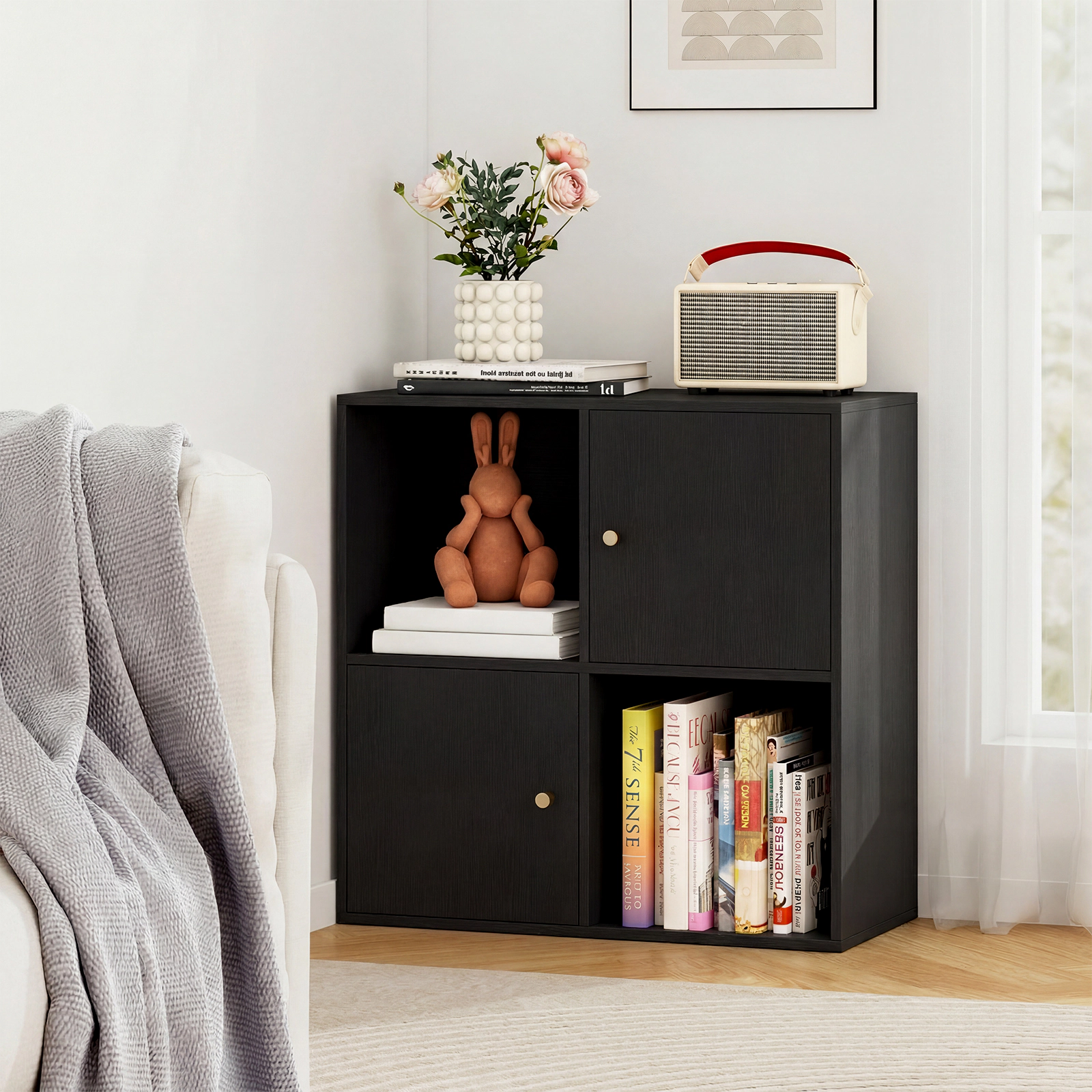 Costway 4-cube Bookcase, Floor Standing Display Cabinet with 2 Open Cubes, Enclosed Cubes Black