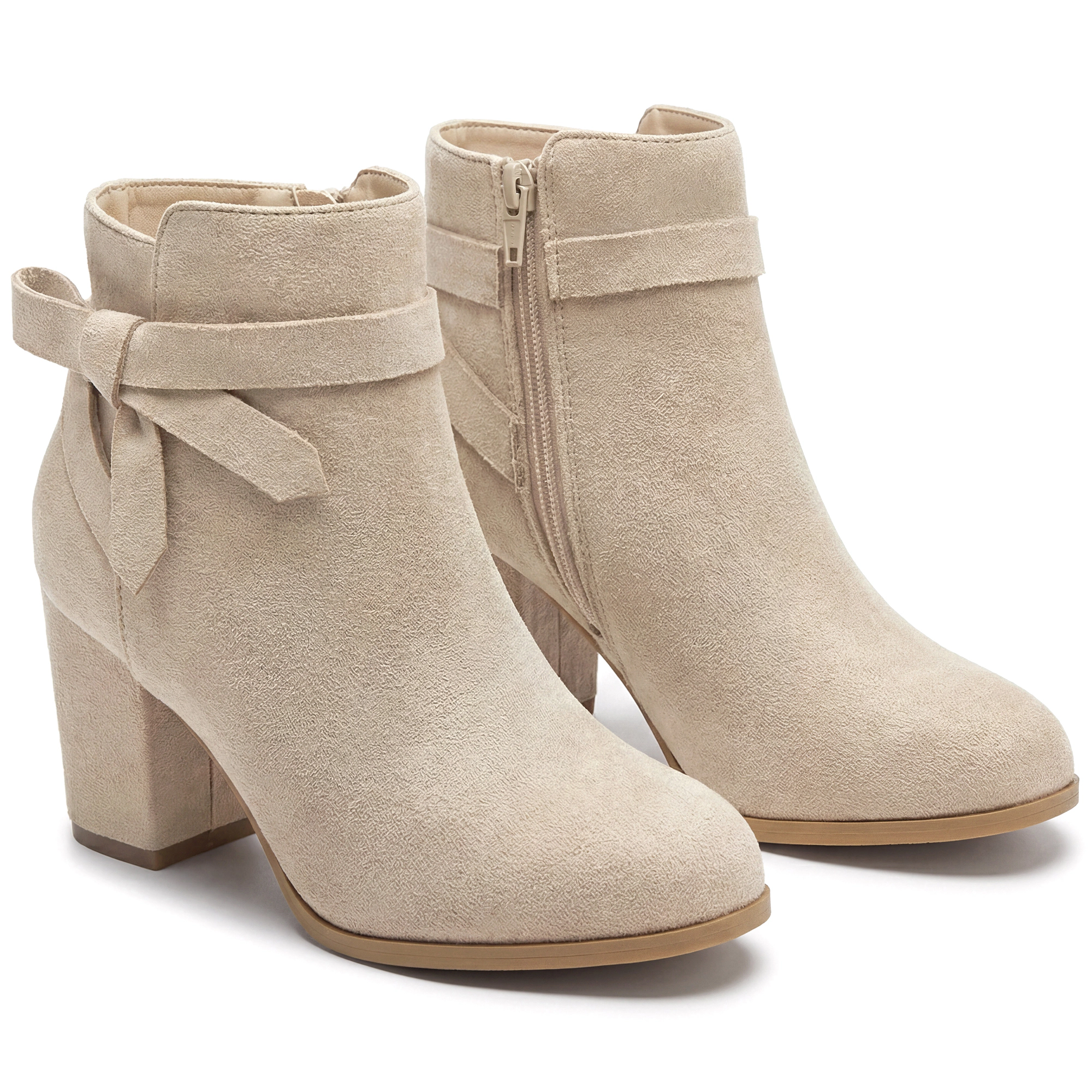 BLISSFUL STEP Women Faux Suede Round Toe Chunky Heel Ankle Boots Side Bow Decor