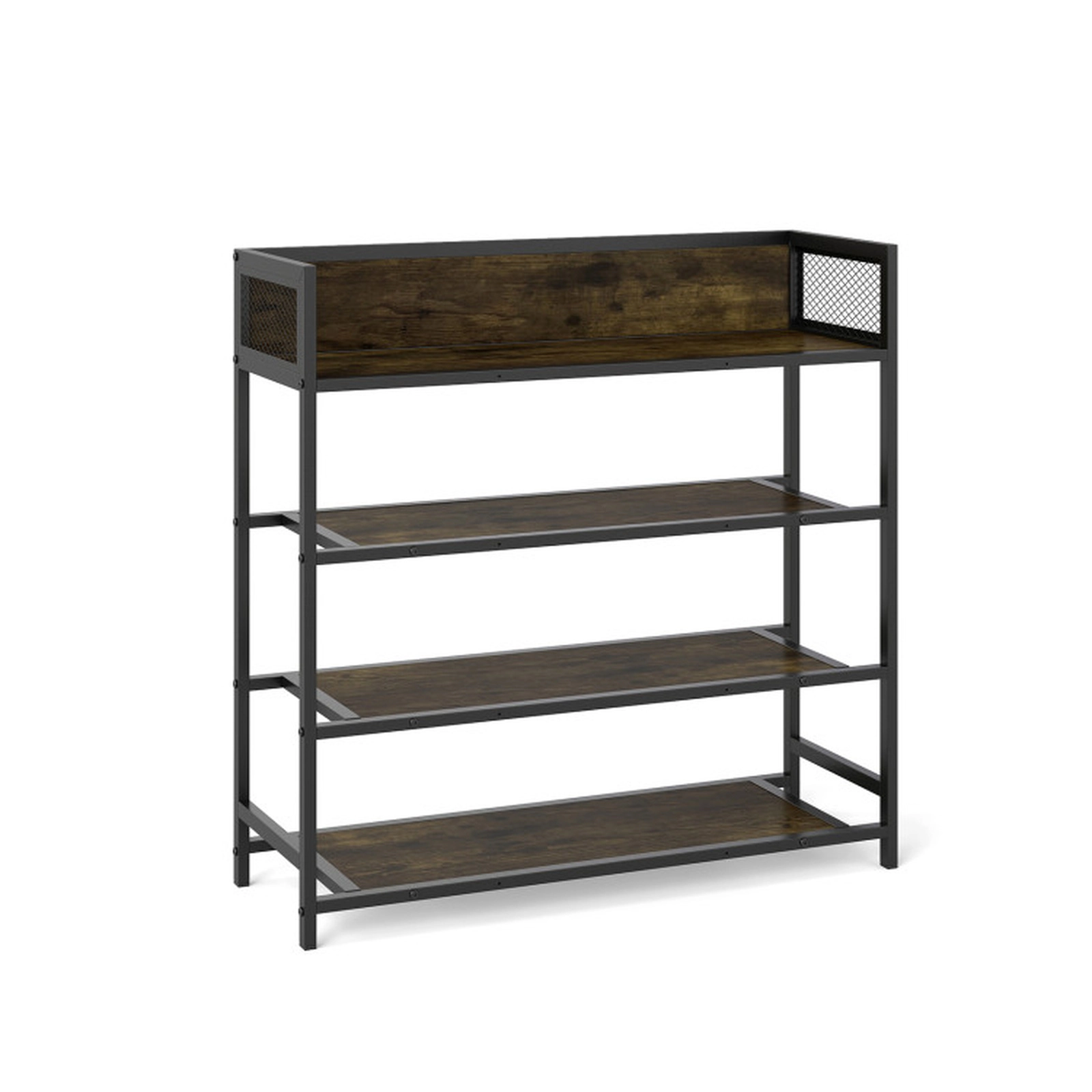 SUGIFT Rustic Brown Heavy Duty Metal Frame and Guardrails 32 Inch 4-Tier Industrial Shoe Rack