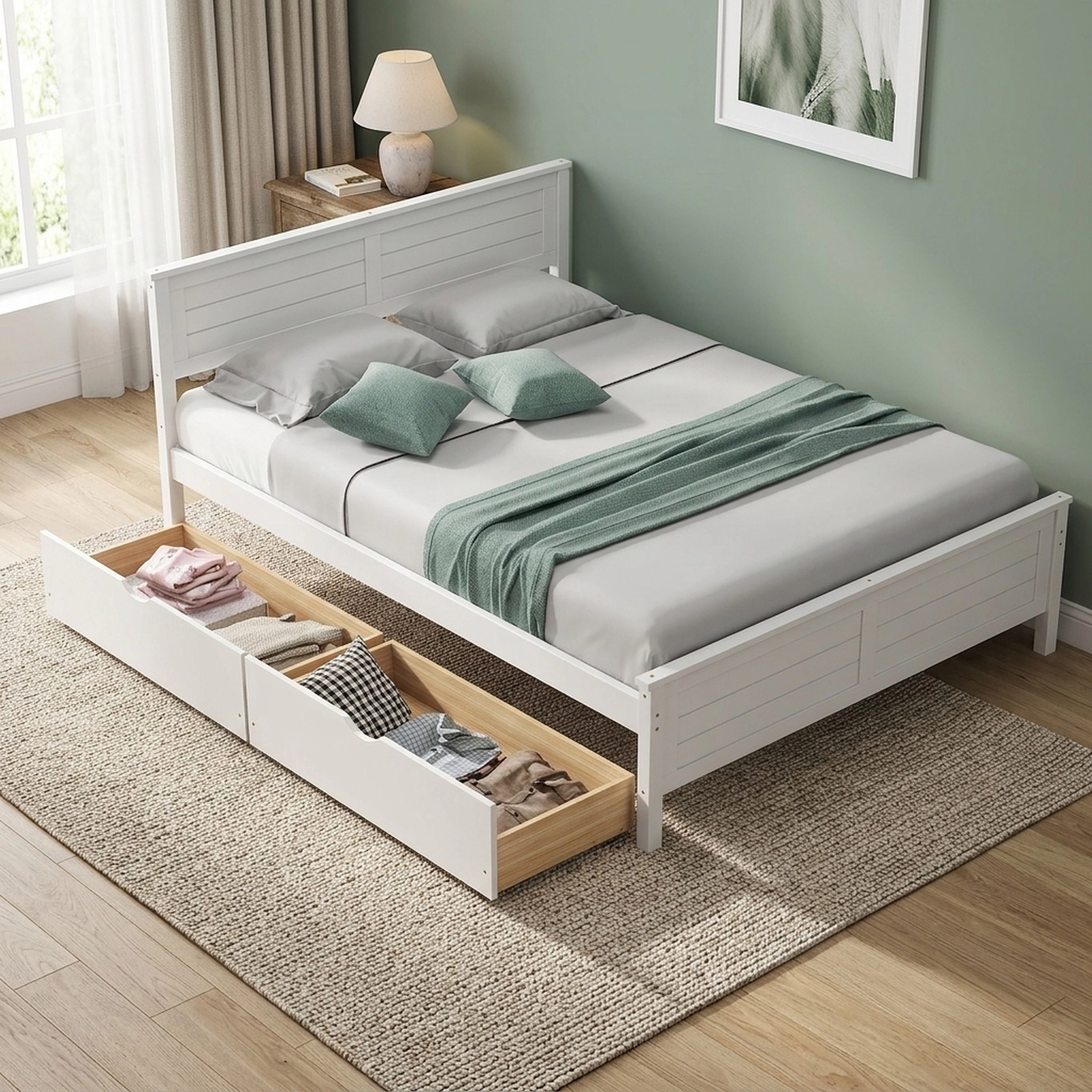 Full Size Bed Frame White Wood Platform Bed with Solid Wood Headboard Footboard 2 Under Bed Drawers