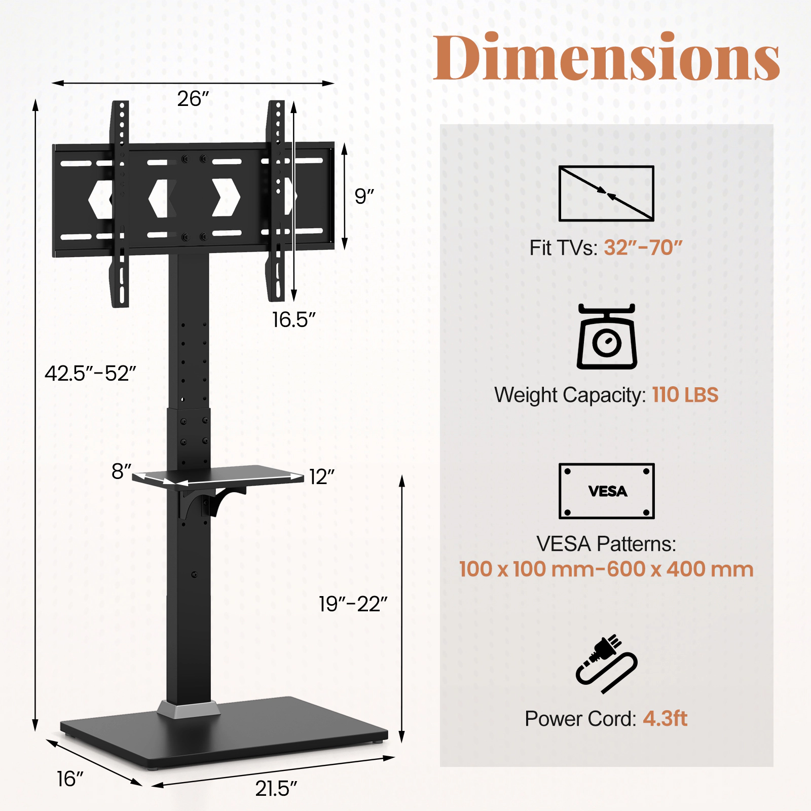 SUGIFT Tilt and Height Adjustable Floor TV Stand with Power Outlet and AV Shelf 110-lb Capacity Black