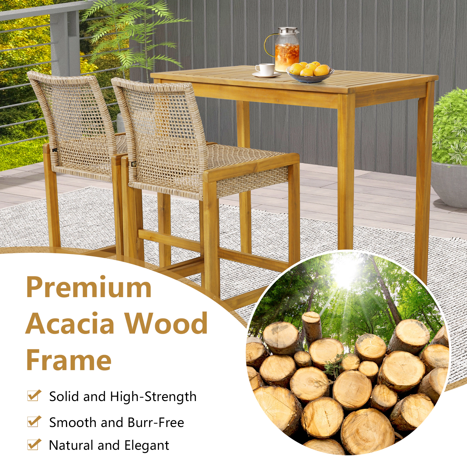 SUGIFT Rattan Patio Barstools Dining Chairs with Backrest 400-Lb Capacity 30-in Seat Height Light Brown Teak