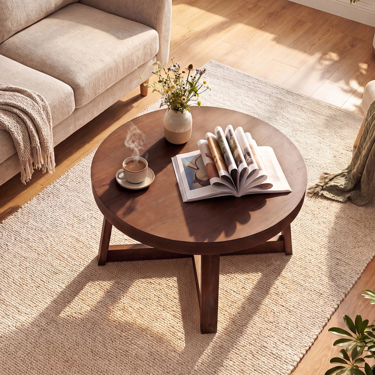 LJG Round Coffee Table for Living Room 30 Inch Farmhouse Accent with Study Rubber Wood Legs