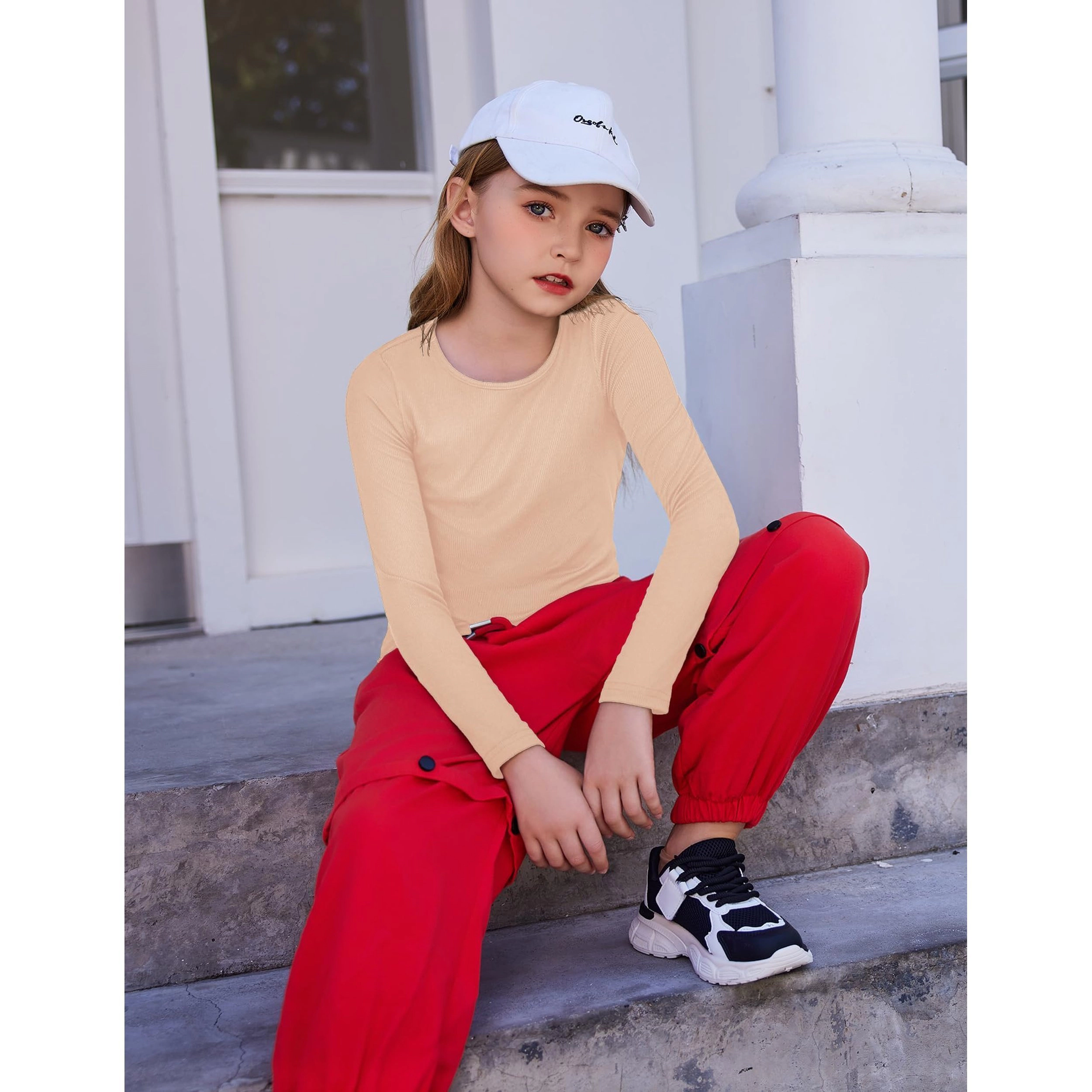 Arshiner Girl's Long Sleeve Ribbed Knit Slim Fit Crewneck T-Shirt