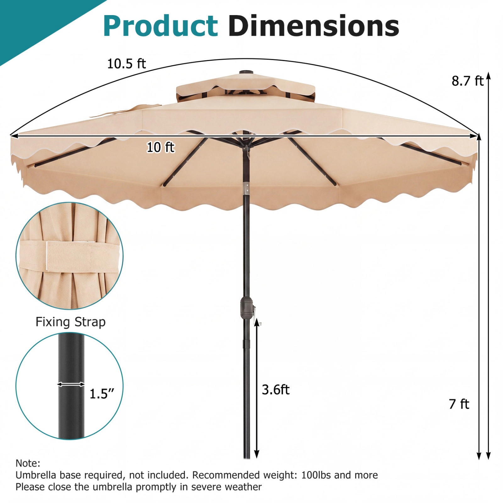 SUGIFT 10-ft Solar LED Patio Umbrella 24 Lights Crank Lift Push-Button Tilt 10 x 8.7-in Canopy 1.5-in Pole 18-lb Net
