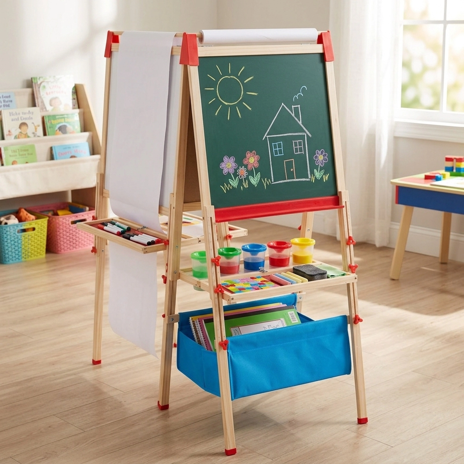 SUGIFT Foldable Double-sided Kids Easel with Magnetic Chalkboard and Paper Roll 47-57-in Tall Ages 3-15 Natural Red Blue
