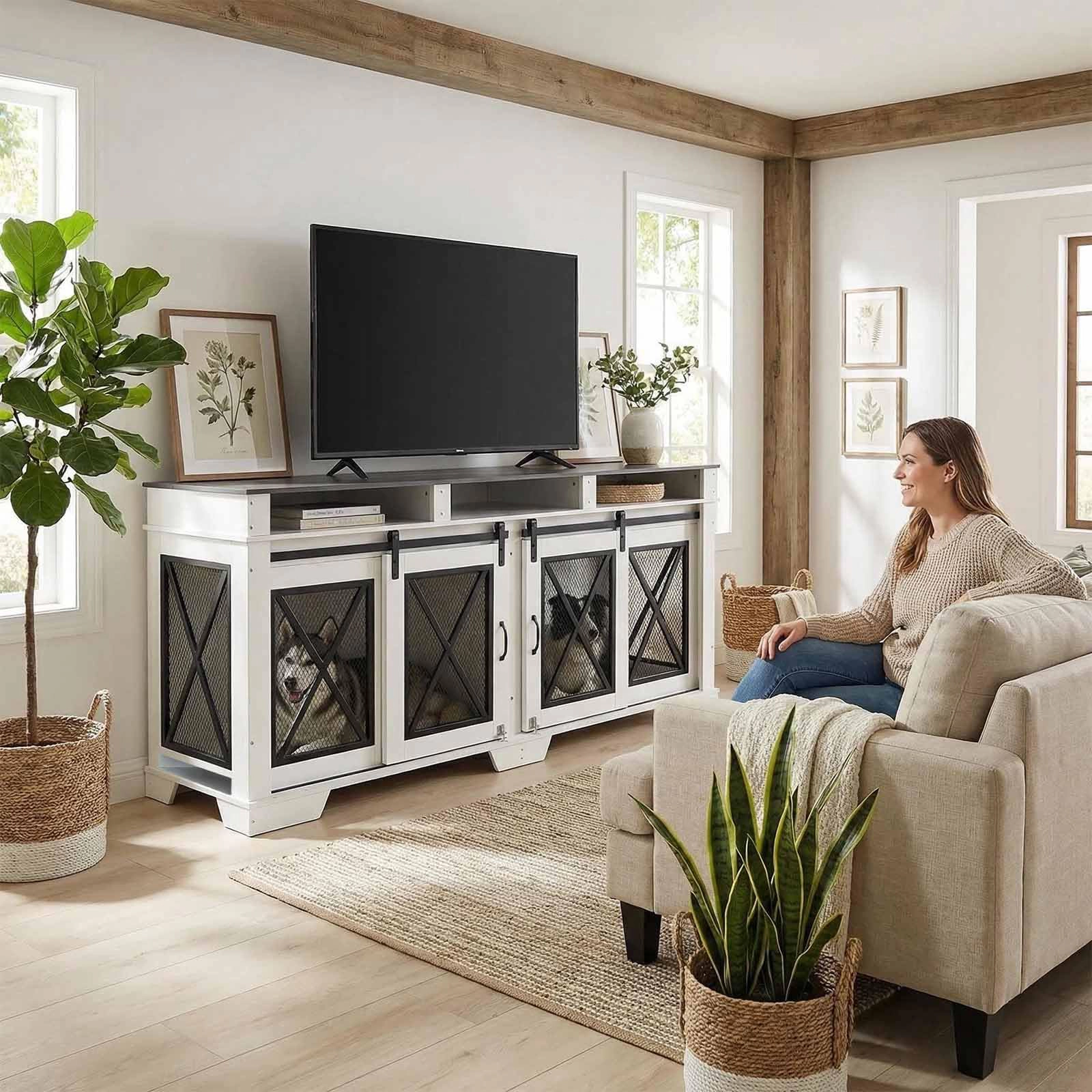 71" Double Dog Crate Furniture, Heavy Duty Wood & Metal Kennel with Divider & Sliding Door, TV Stand