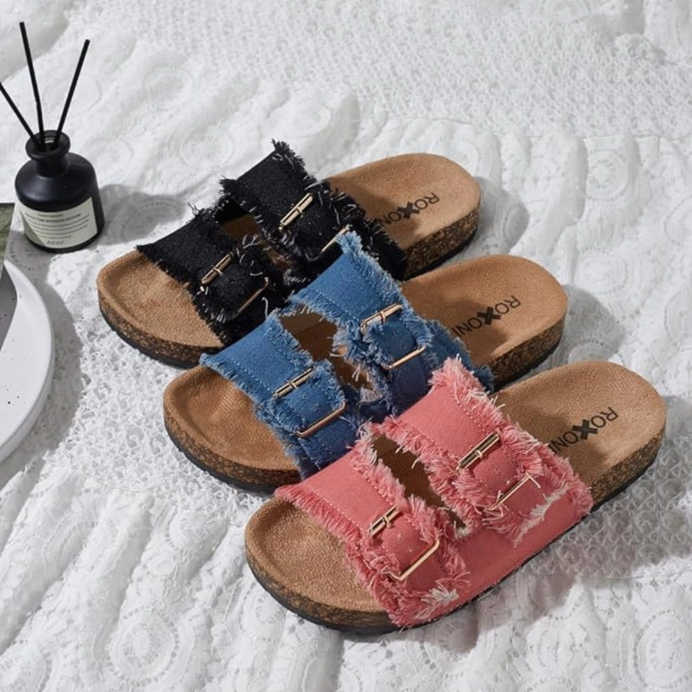 Roxoni Women's Adjustable Double Buckle Slide Sandals