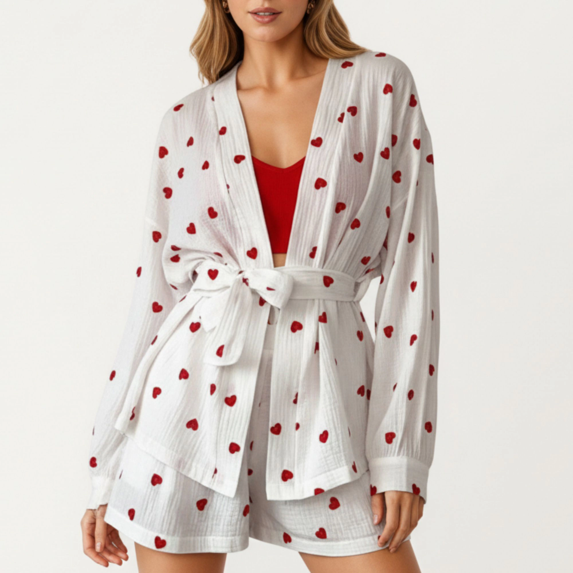 Anna-Kaci Women's Valentine Heart Print 2-Piece Pajama Set with Long Sleeve Tie-Waist Robe and Relaxed Fit Shorts