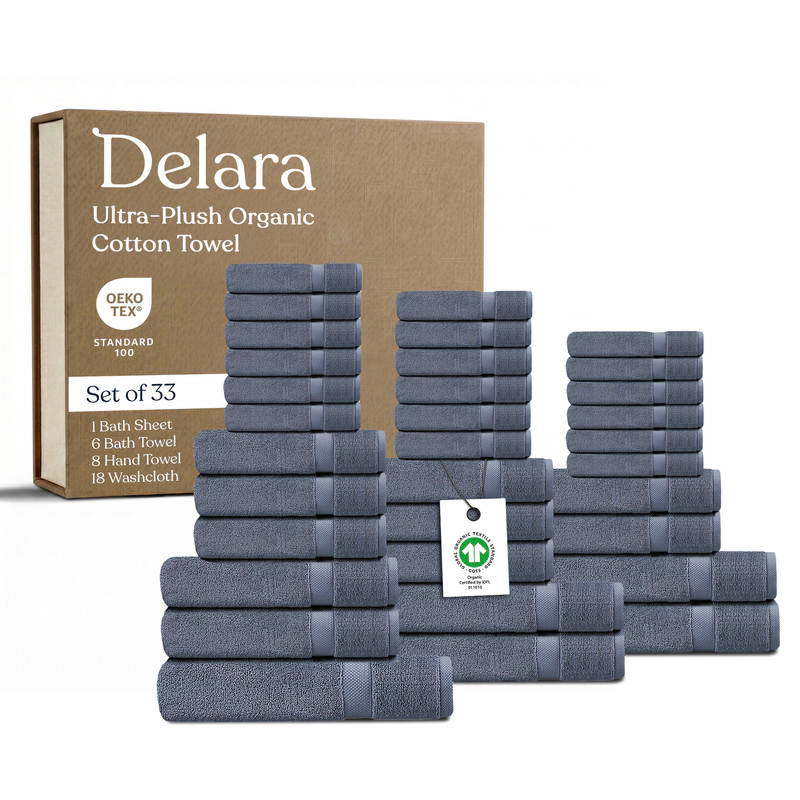 Delara Organic Cotton Luxuriously Plush Towels GOTS and Oeko-TEX Certified Feather Touch Technology Towel Set 33 Piece