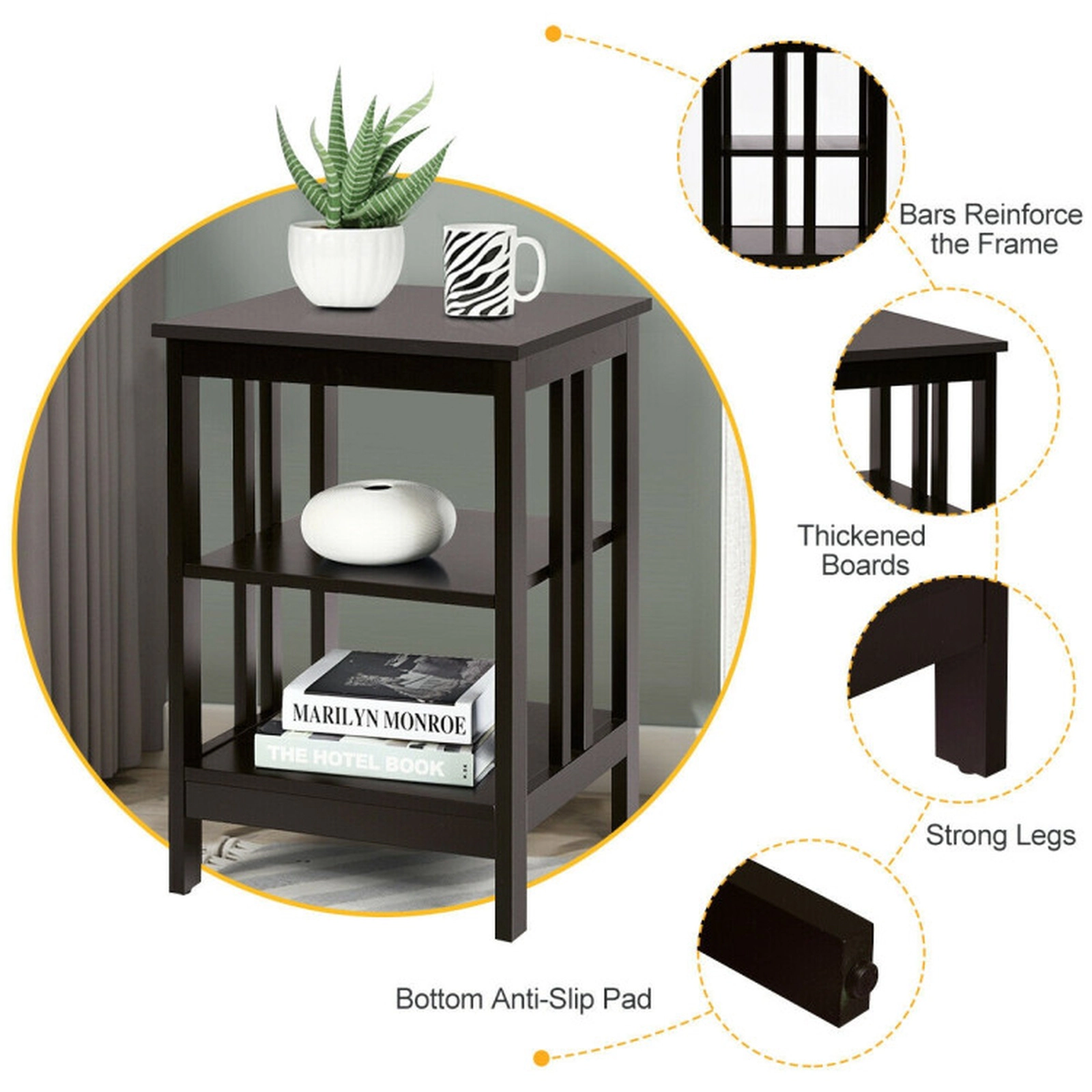 SUGIFT 3-Tier MDF Nightstand Sofa Side Table with Baffles 24-in Tall 45-lb Capacity Dark Brown