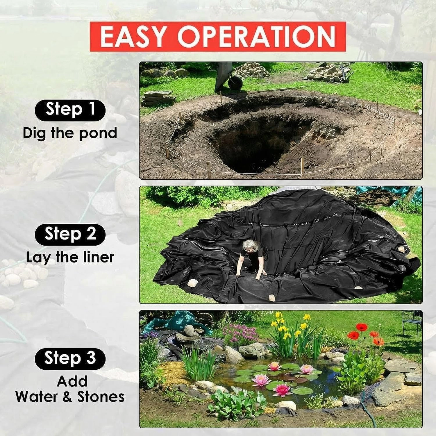 Enjyam Heavy-Duty LLDPE Pond Liner 20x25 FT 20 Mil, UV Resistant Waterproof for Koi Pond, Waterfall, Garden