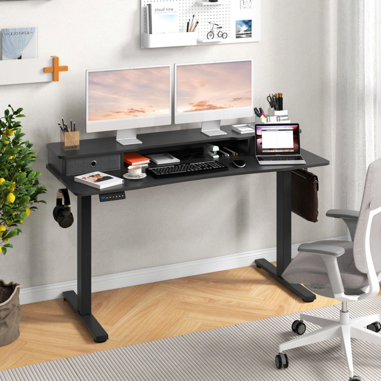 SUGIFT Monitor Shelf and 2 Drawers 55 x 24 Electric Height Adjustable Standing Desk