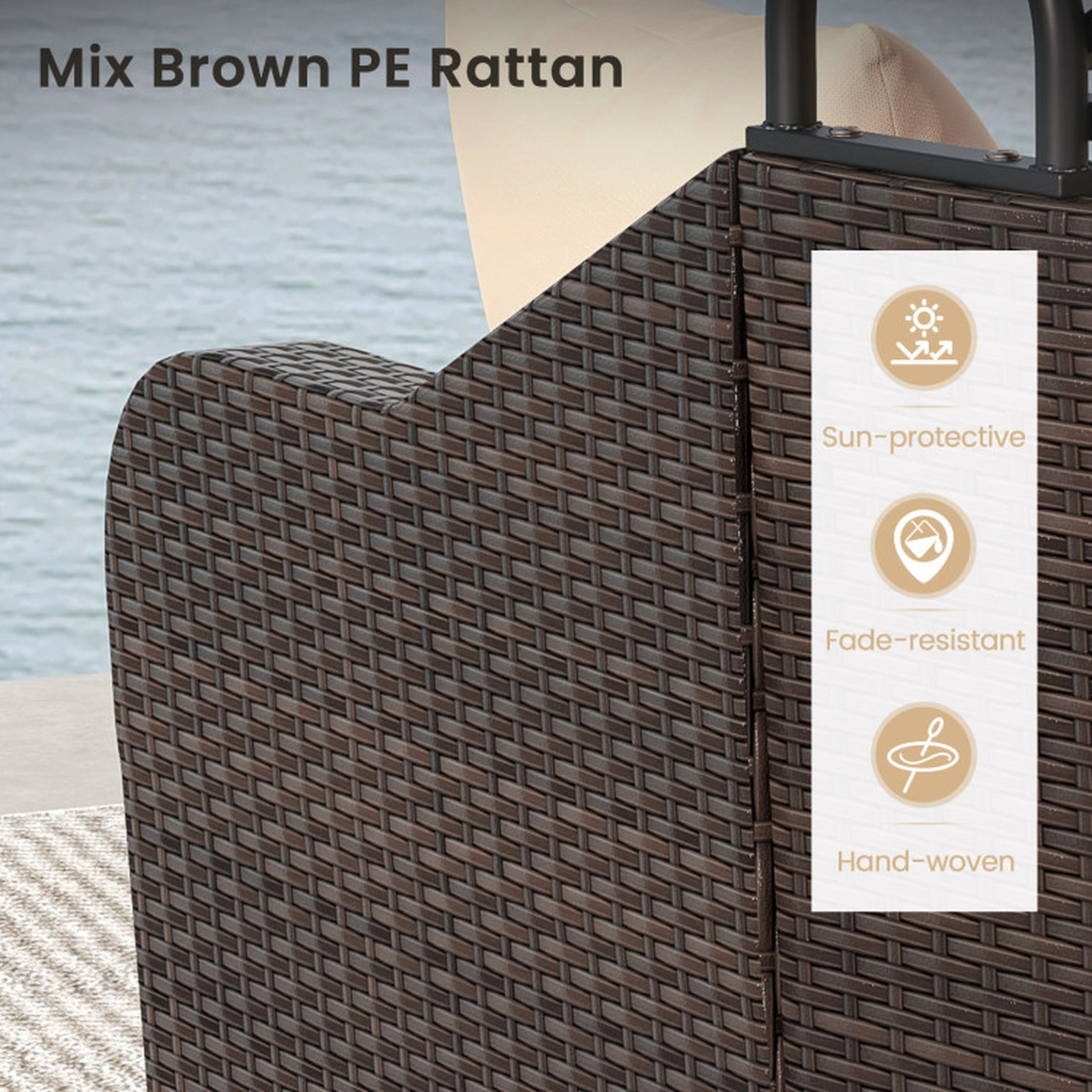 SUGIFT Beige Retractable Canopy and 6 ft Lying Area Patio PE Rattan Daybed