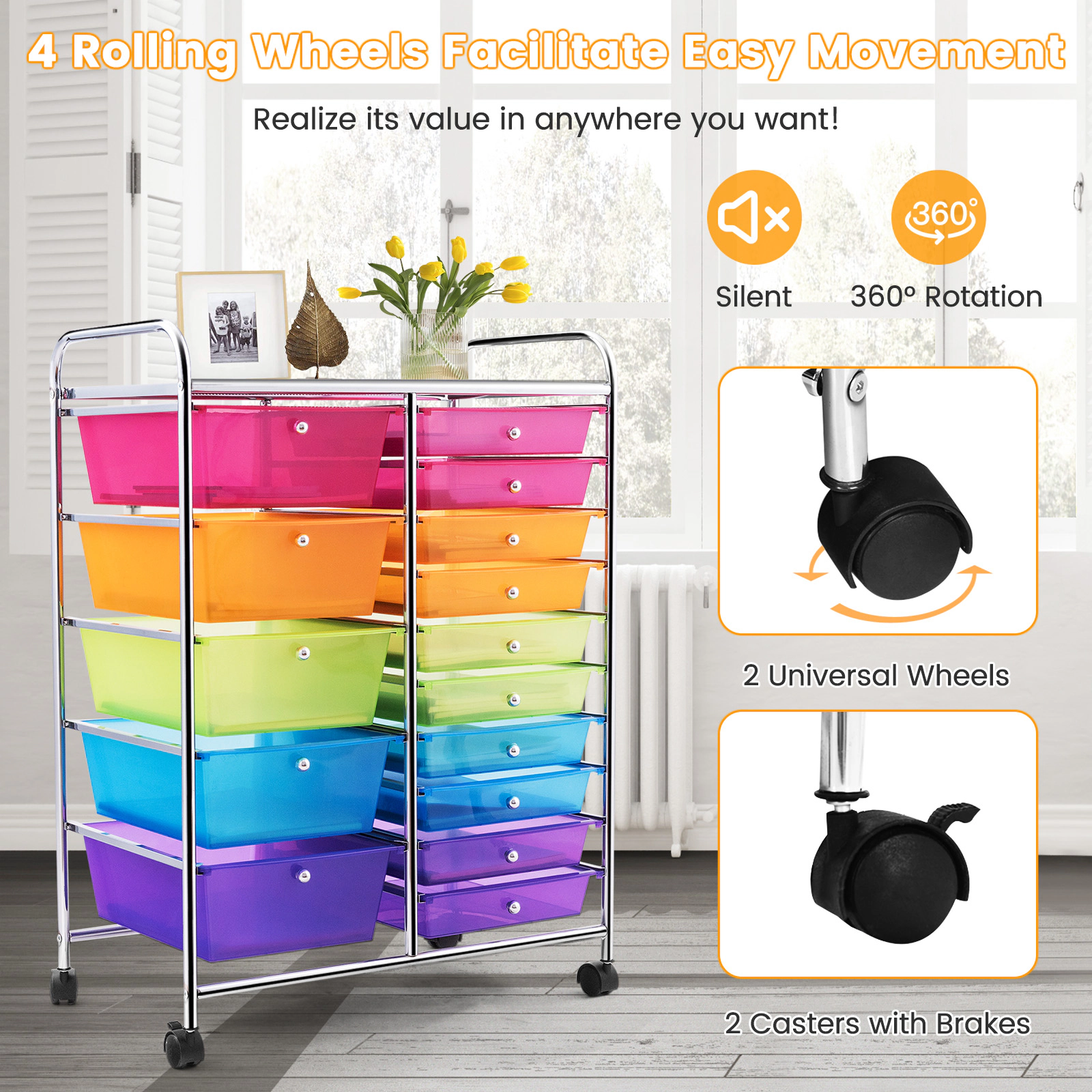 SUGIFT 25-in Wide 15-Drawer Rolling Storage Cart Utility Organizer with Locking Wheels and Removable Drawers