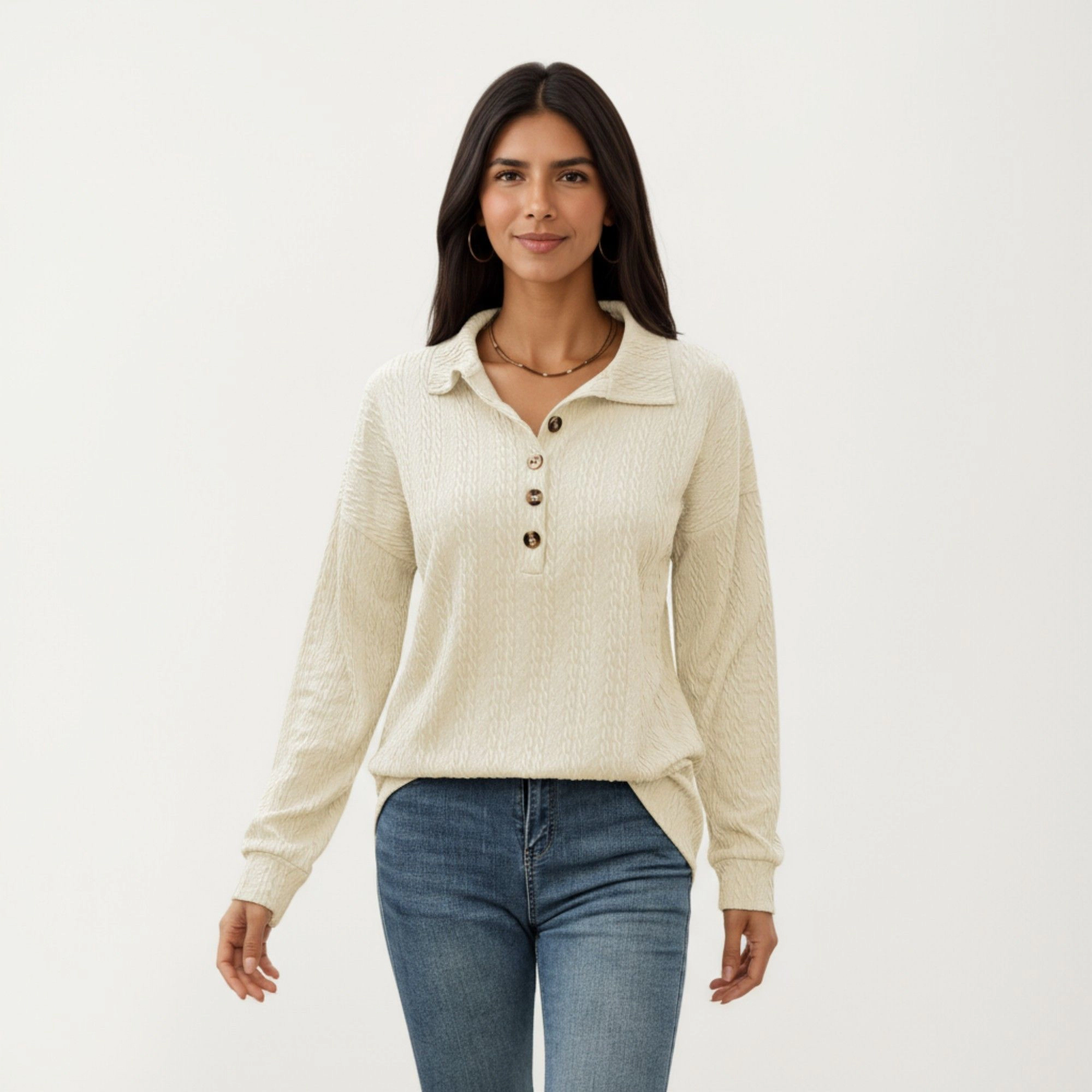 Anna-Kaci Women's Textured Knit Collared Button Front Long Sleeve Top