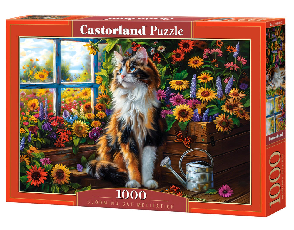 CASTORLAND 1000 Piece Jigsaw Puzzles, Blooming Cat Meditation, Cat puzzle, Flower scennery, Charming view, C-105342-2
