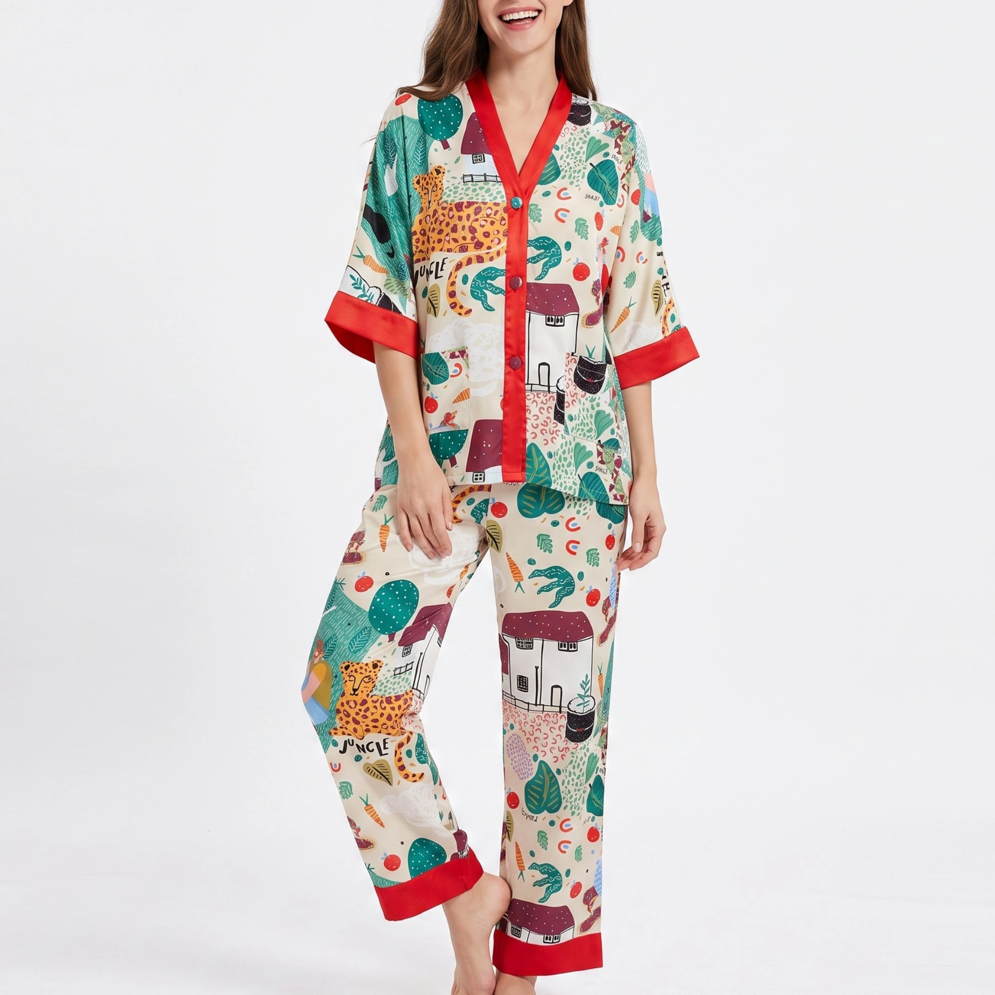 Anna-Kaci Women's 2-Piece Printed Pajama Set Button Front Short Sleeve Sleep Shirt and Long Pants
