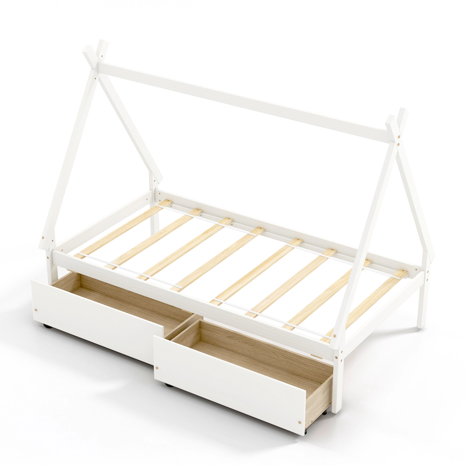 SUGIFT Kids Twin Size 200-lb Bed Capacity Wooden House Bed Frame with Tent Roof and 2 Rolling Drawers White