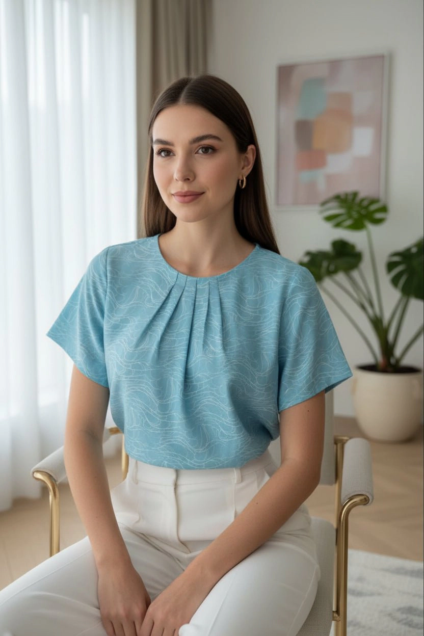 DressAtR Women's Pleated Crew Neck Short Sleeve Back Button Opening Blouse