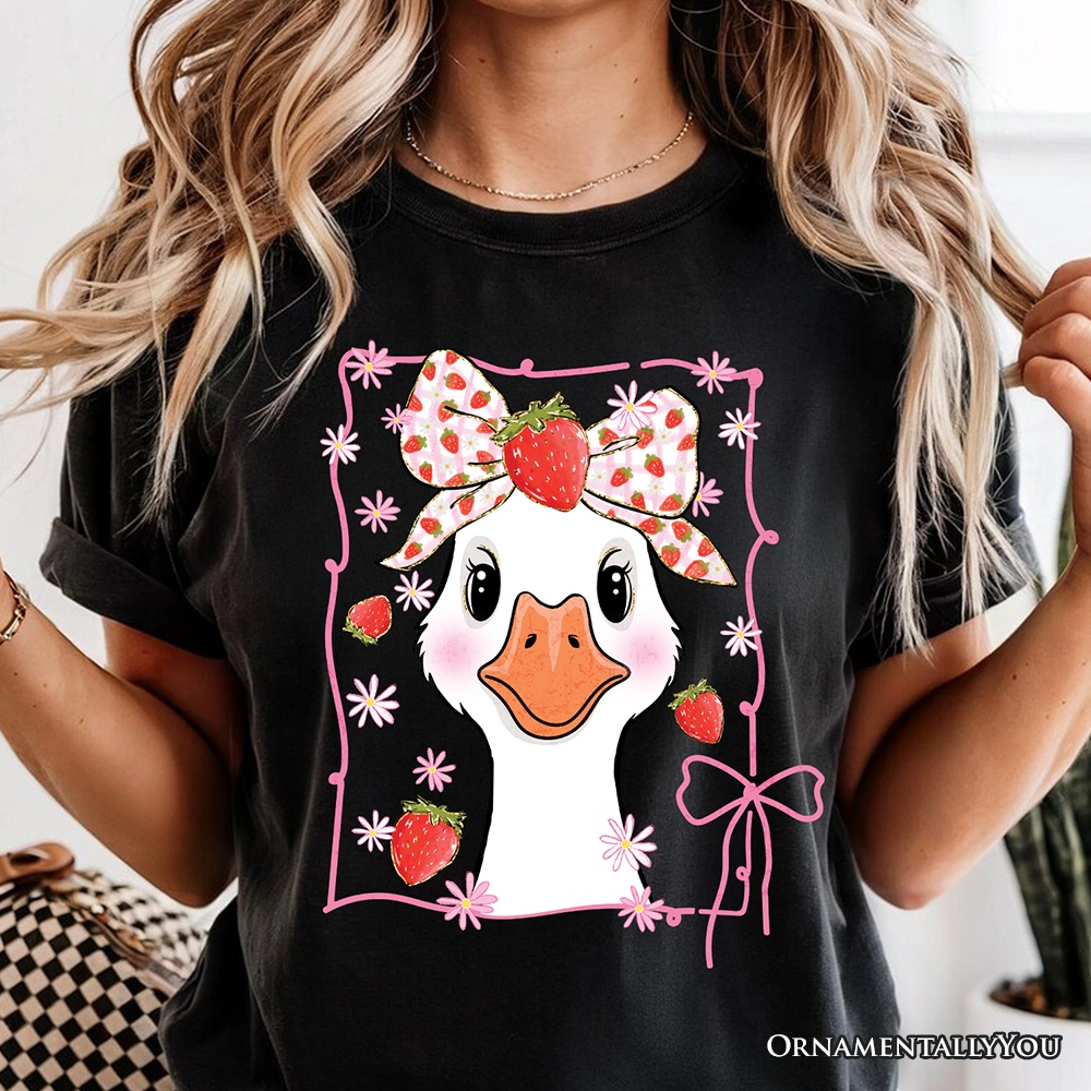 OrnamentallyYou Womens Coquette Goose With Strawberry Bow T-Shirt