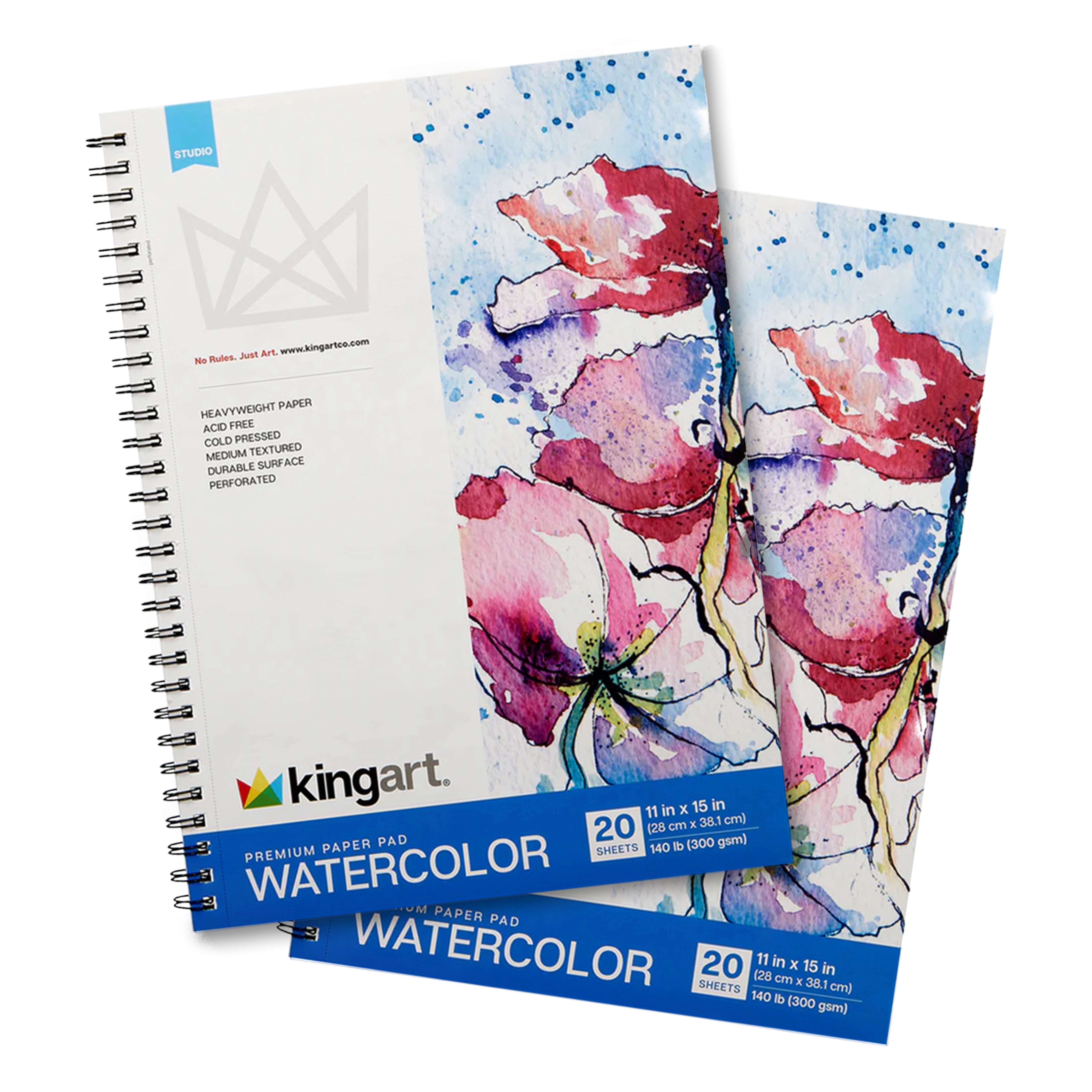 KINGART Watercolor Paper Pad 11" x 15" - 2 Pack, 20 Sheets Each