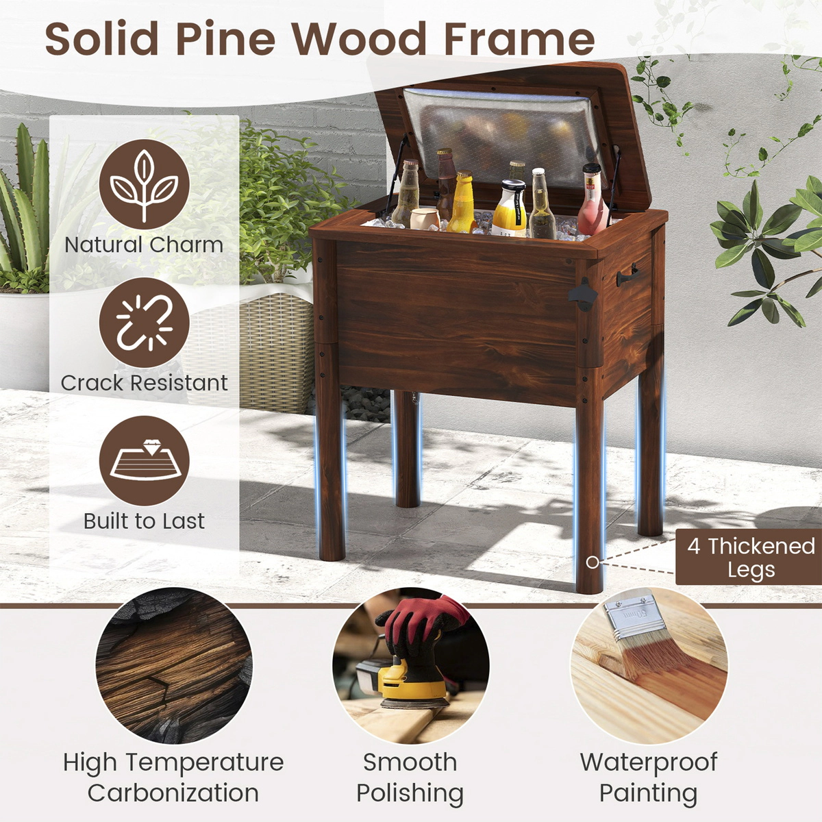 SUGIFT 54-Quart Brown Pine Wood Patio Cooler with 3 Handles and Bottle Opener 26.5-in W 18.5-in D 29-in H