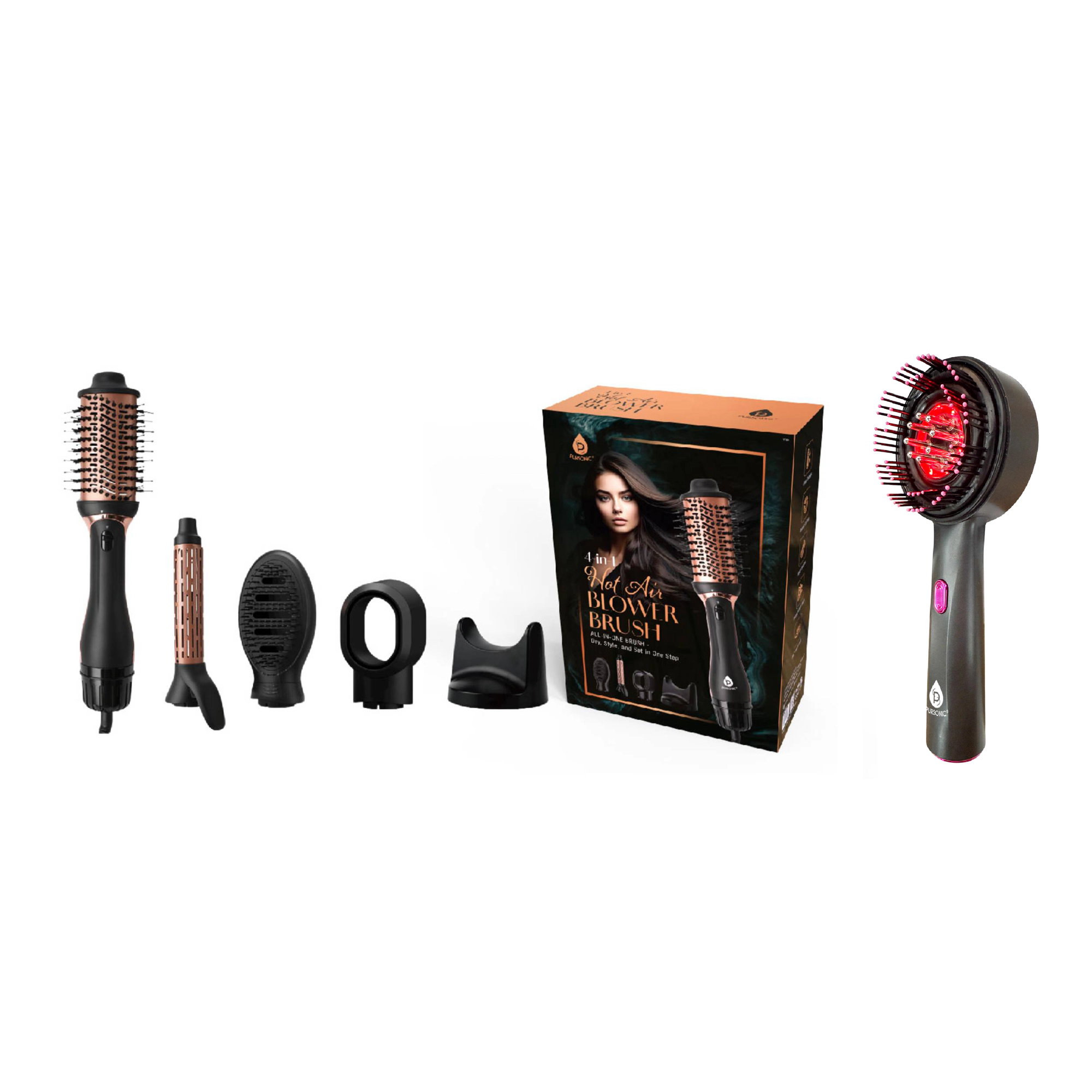 Pursonic Women's Hair Wellness Duo: Hot Air Blower Brush & 3-in-1 LED Therapy Scalp Brush