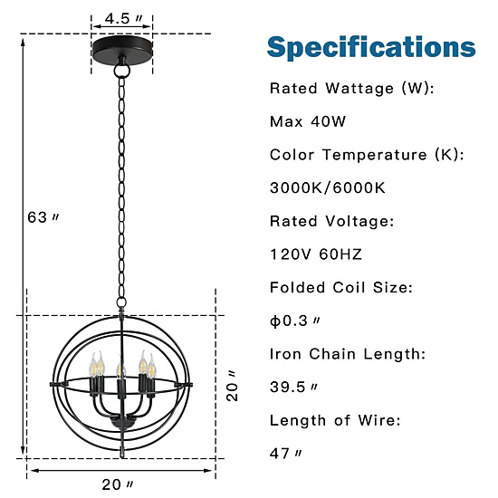 SUGIFT 5-Light Pivoting Interlocking Rings Iron Orb Chandelier 20-in x 20-in 55-in Drop E12 Sockets Black