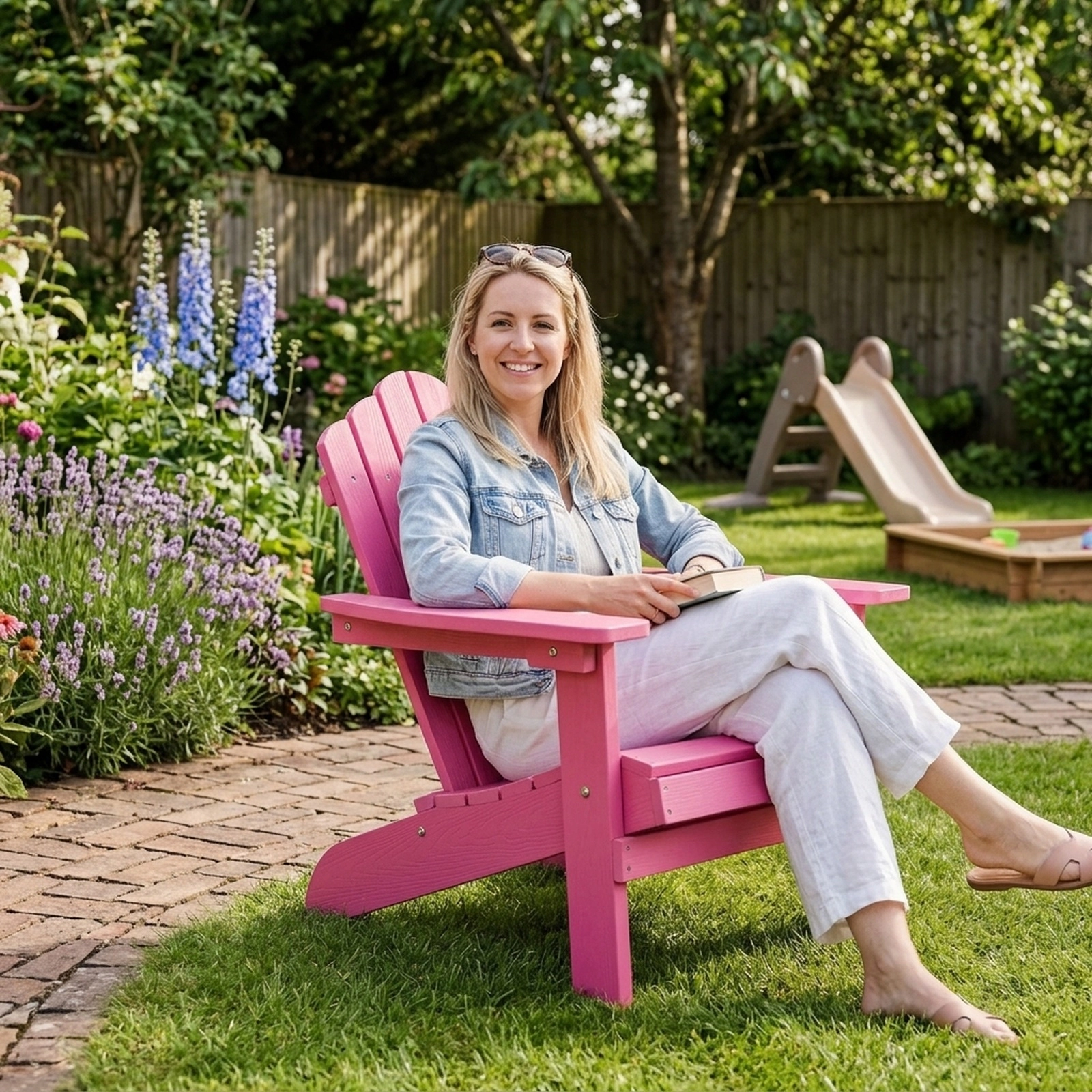 Kids Adirondack Chair All-Weather HIPS Plastic Outdoor Patio Lounge Chair with Tilted High Backrest and Wide Pink