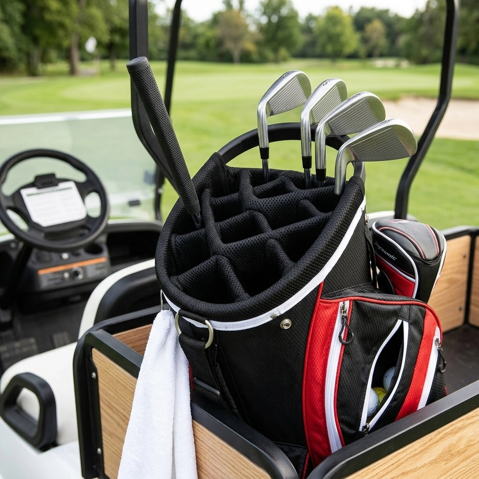 Golf Cart Bag 14-Way Top Dividers 9 Zippered Pockets Zip-Open Rain Hood Lift Assist Handles Red Polyester