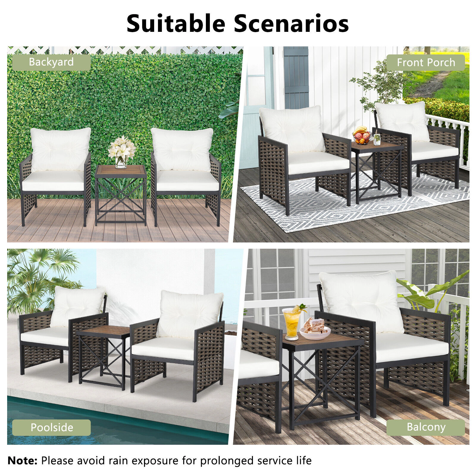 SUGIFT Acacia Wood Tabletop and Thick Back Cushions 3-Piece White Patio Rattan Set