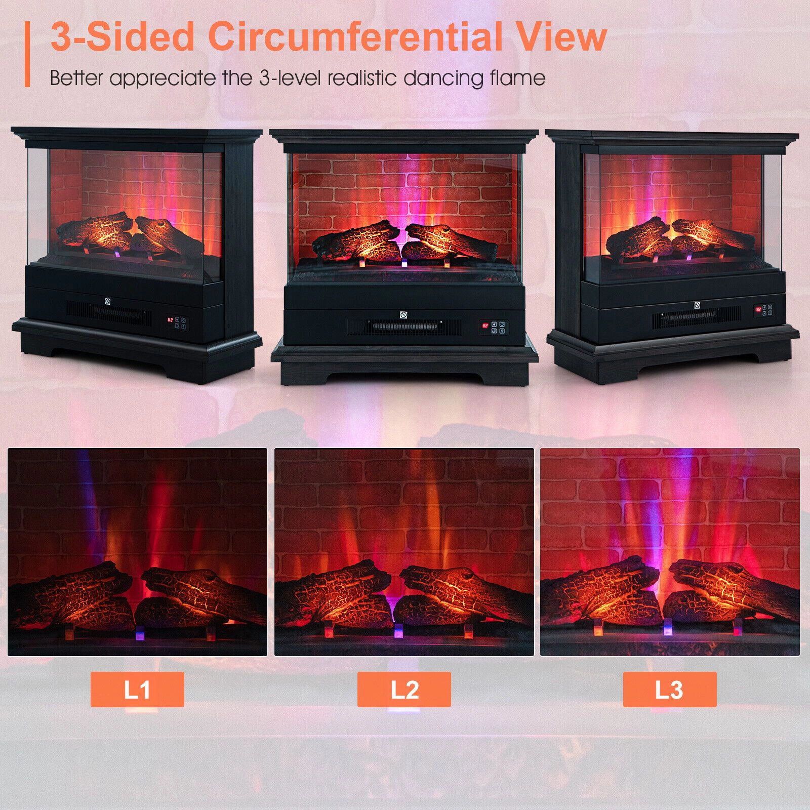 SlickBlue Steel Freestanding Electric Fireplace, 1400W, 4780 BTU, Adjustable Flame, Remote, Timer