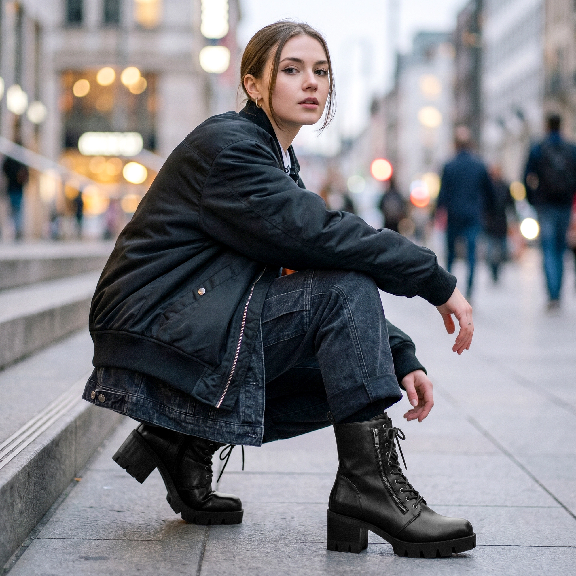 BLISSFUL STEP Chunky Heel Platform Combat Boots for Women