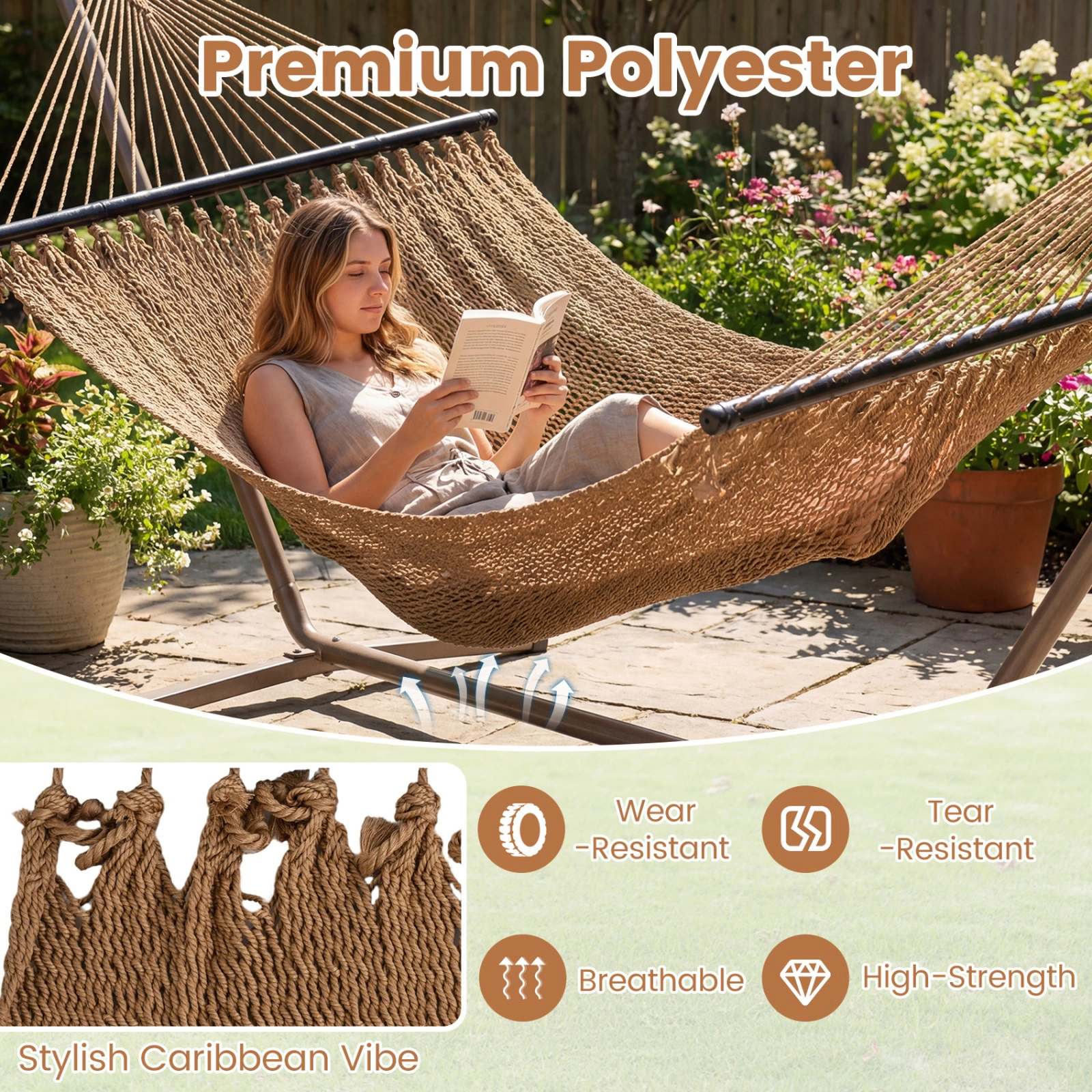 SUGIFT Caribbean Hammock with Hardwood Spreader Bar 600-lb Capacity Brown/Sand Khaki