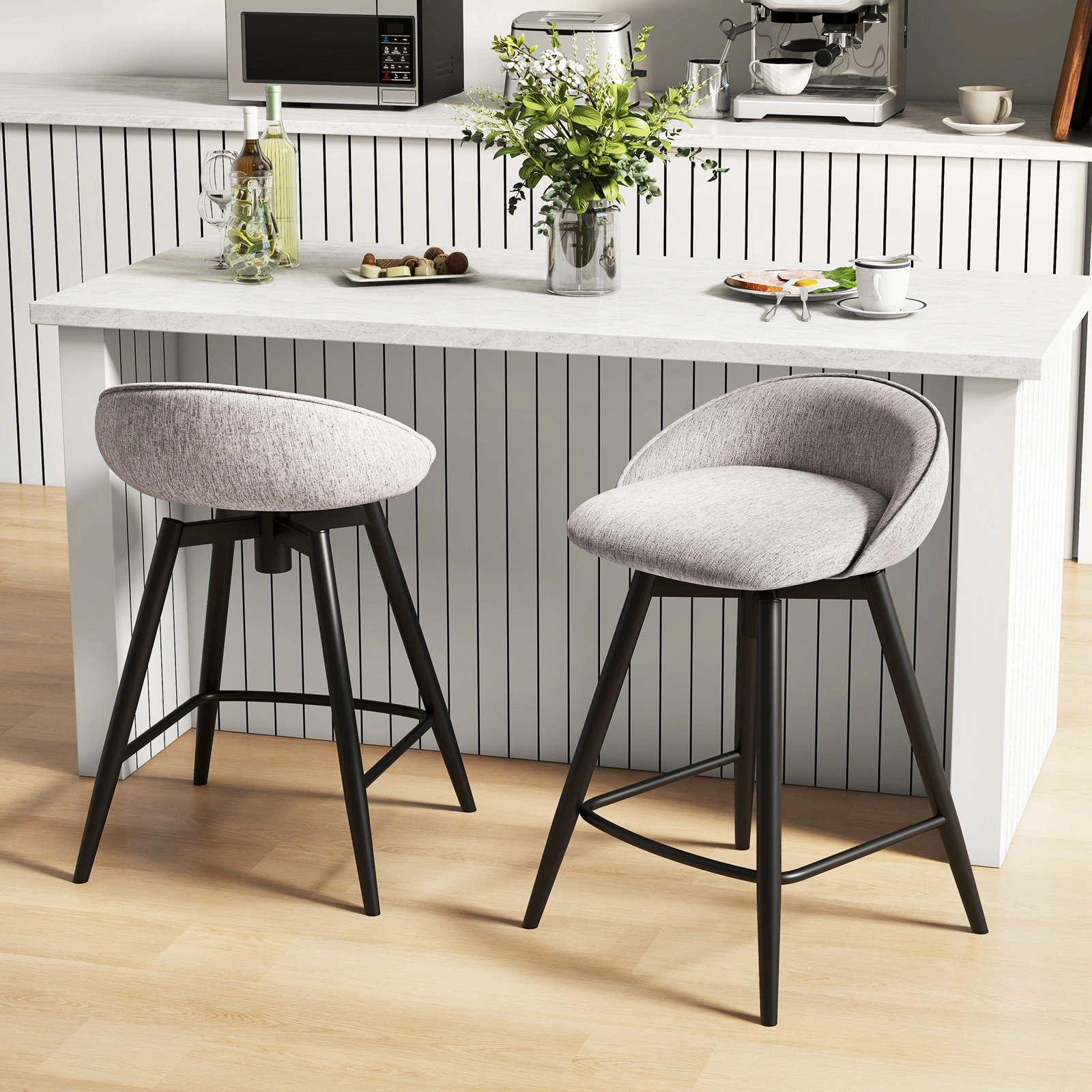 SUGIFT Gray Low Backrest and Footrest Set of 2 Upholstered Swivel Bar Stool