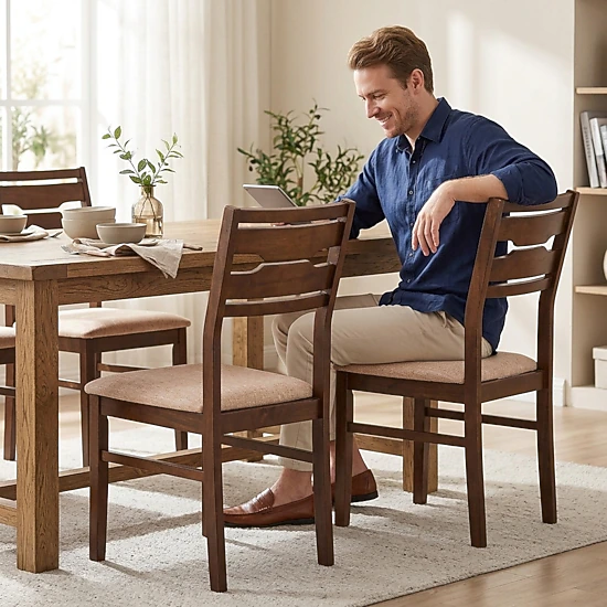 SUGIFT Set of 4 Dining Chairs, Rubber Wood Frame, Padded Polyester Seat, Curved Back, Deep Brown