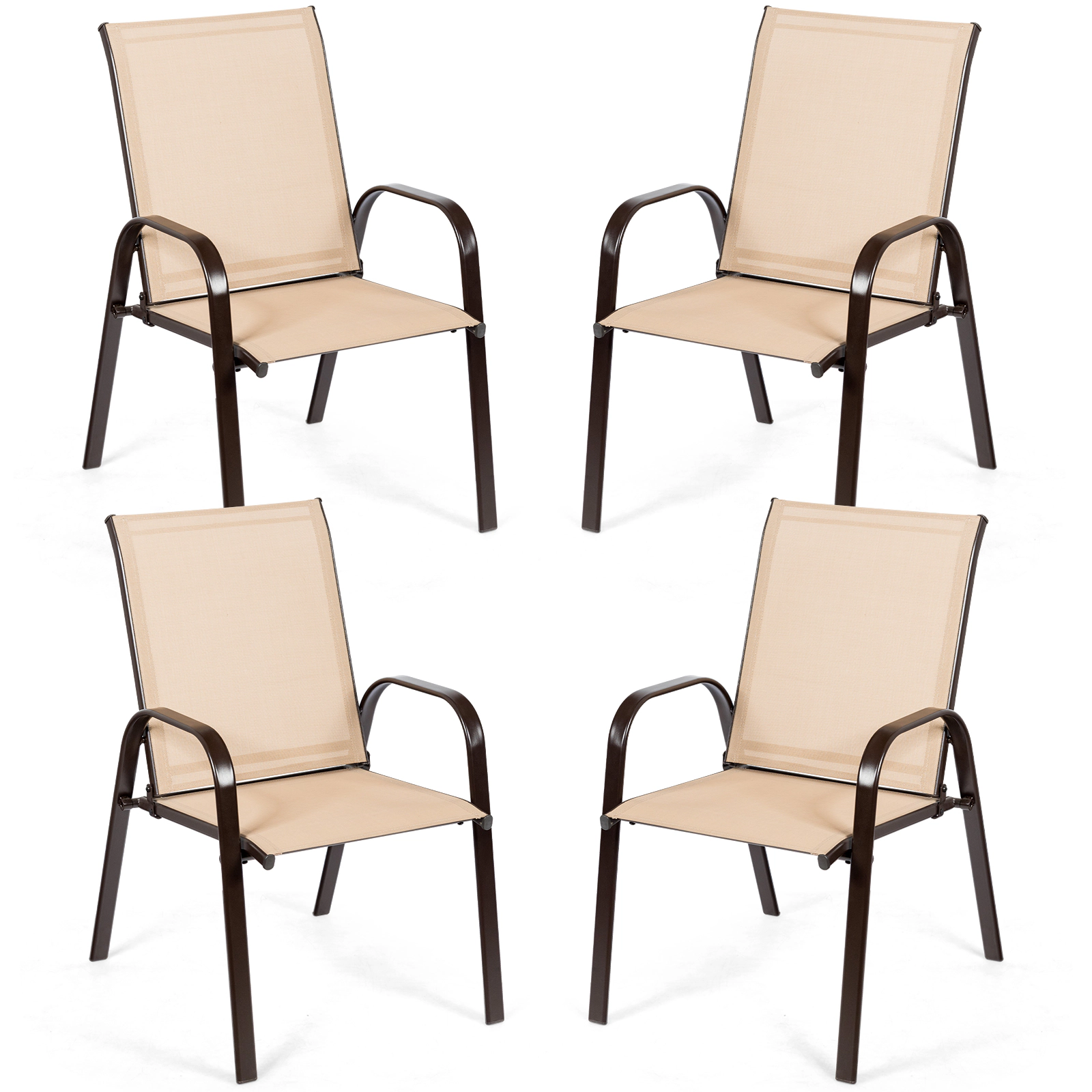 SUGIFT Set of 2 Beige Steel Outdoor Patio Dining Chairs with Curved Armrests and Quick-Dry Mesh