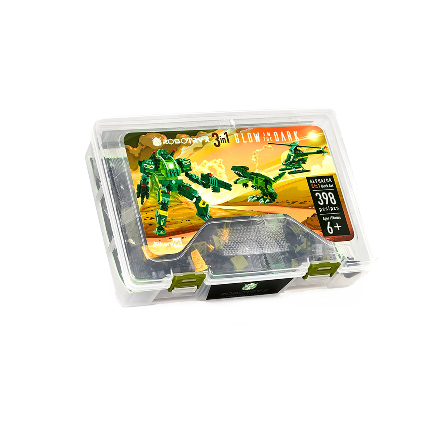Robotryx Kids AlphaZor 3-in-1 Army Robot Set - 245-Piece Glow-in-the-Dark Raptor & Helicopter