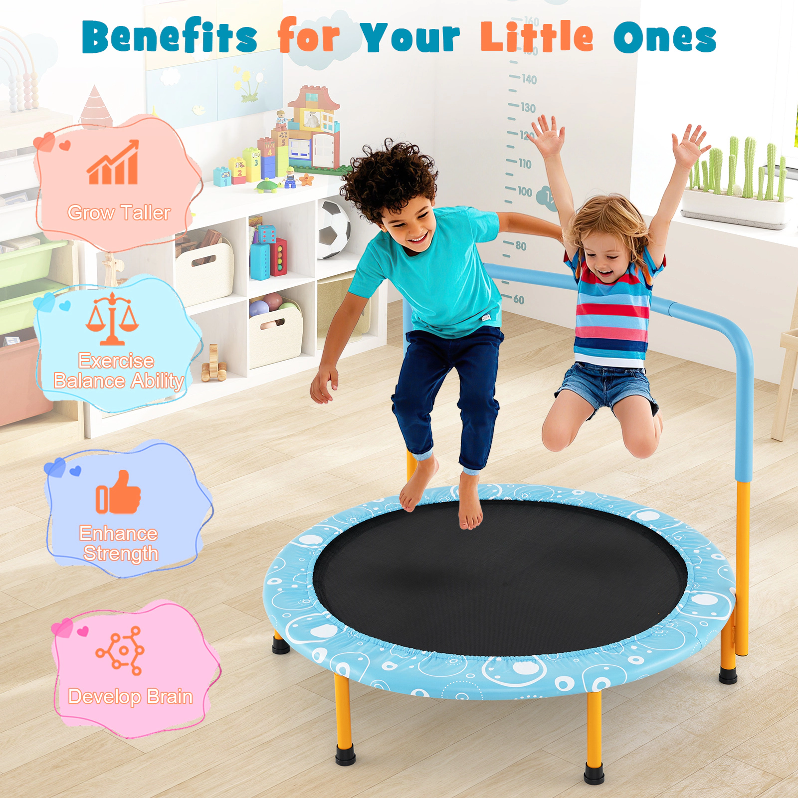 SUGIFT 36-in Folding Kids Trampoline Mini Rebounder with Full Covered Foam Handrail 330-lb Capacity Ages 3-10 Orange