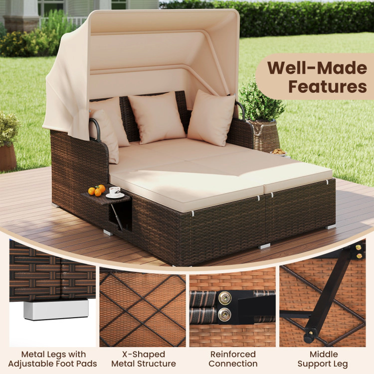 Hivvago Outdoor Patio Rattan Daybed With Retractable Canopy And Side Tables