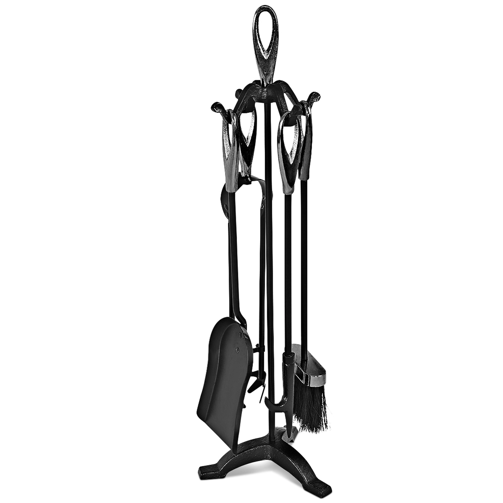 SUGIFT 5-Piece Plated Brass Handles Wrought Iron Fireplace Tool Set 25-in Stand 17.7-in Tongs 18-in Shovel 6-lb Black