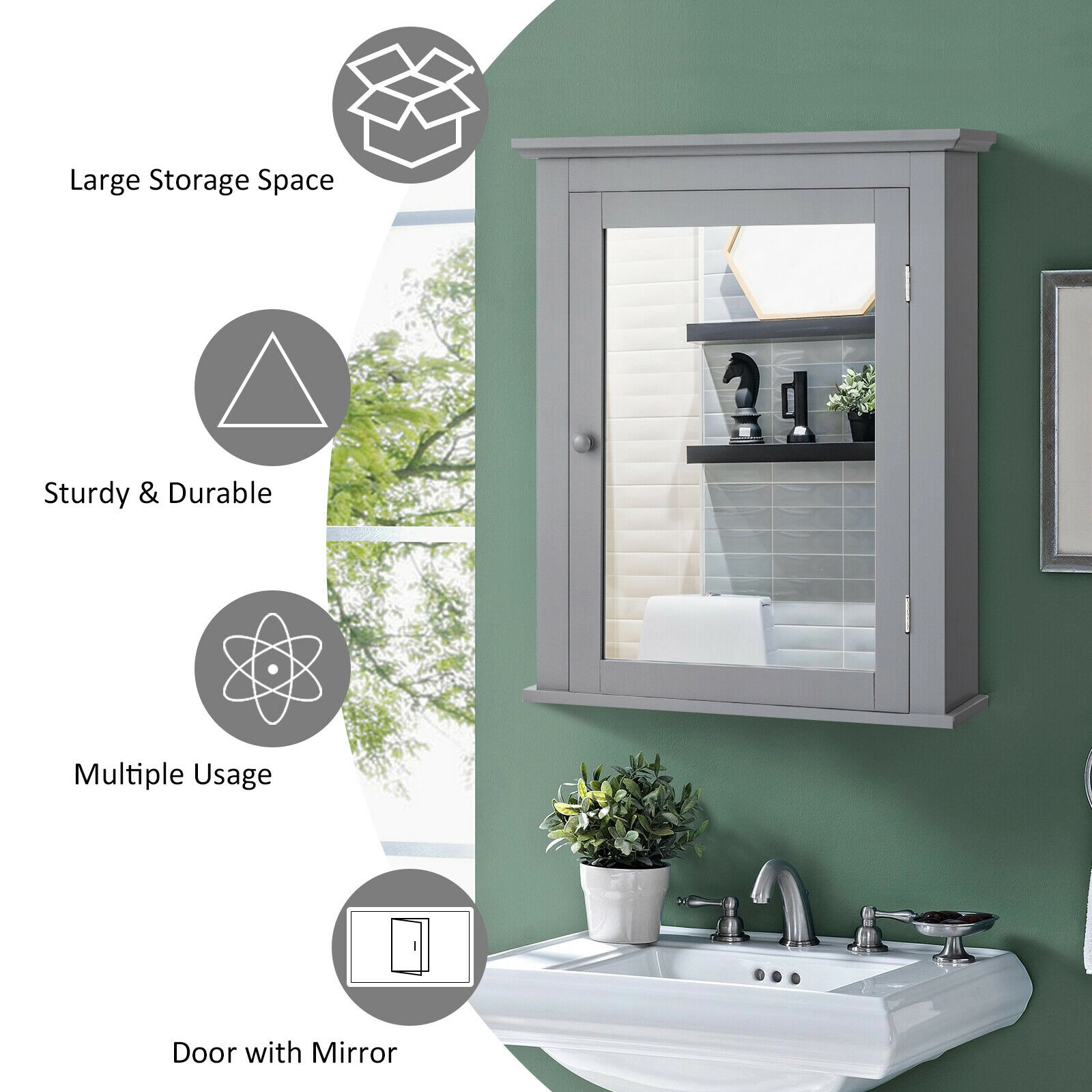 SUGIFT Mirrored Door Waterproof Adjustable Shelves MDF Bathroom Medicine Cabinet 22-in x 6-in x 27.5-in 11-lb Gray